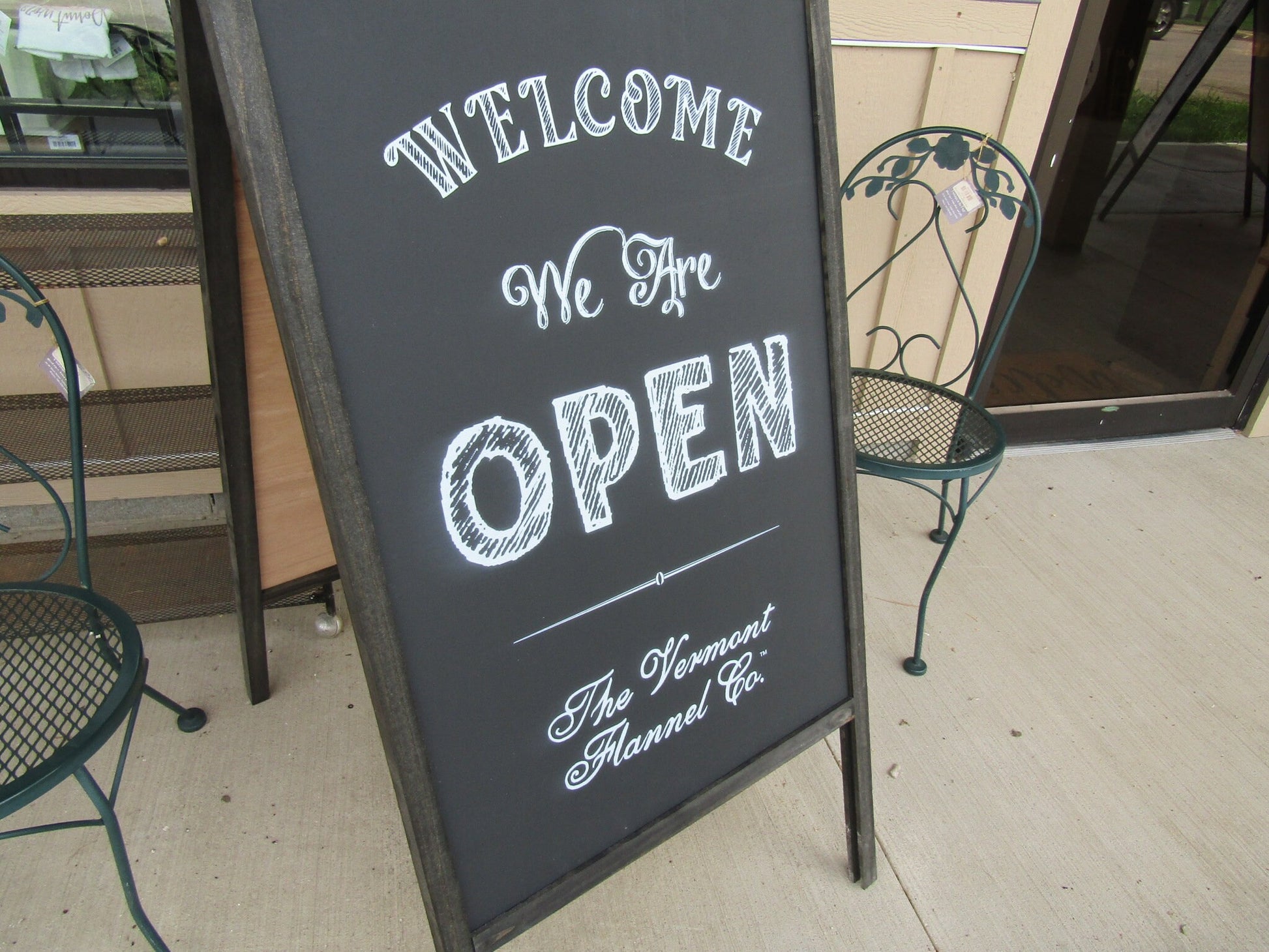 Welcome We Are Open A Frame Freestanding Sign Flannel Company Vermont Small shop Sidewalk Store Front Sign Wooden Sign Chalkboard Style