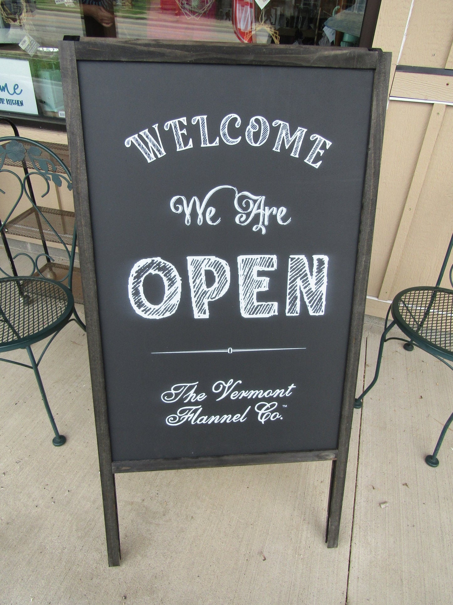 Welcome We Are Open A Frame Freestanding Sign Flannel Company Vermont Small shop Sidewalk Store Front Sign Wooden Sign Chalkboard Style