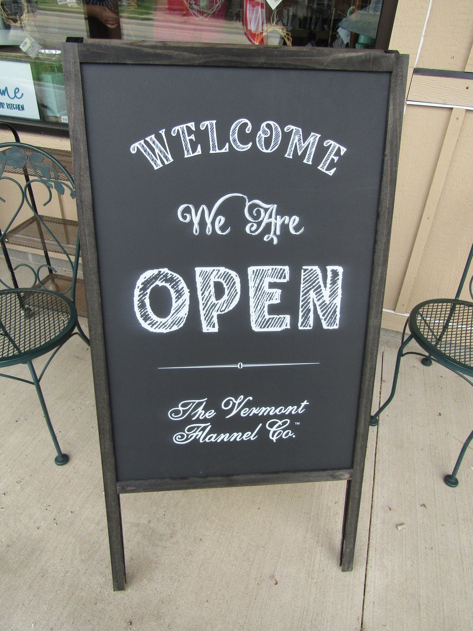 Welcome We Are Open A Frame Freestanding Sign Flannel Company Vermont Small shop Sidewalk Store Front Sign Wooden Sign Chalkboard Style