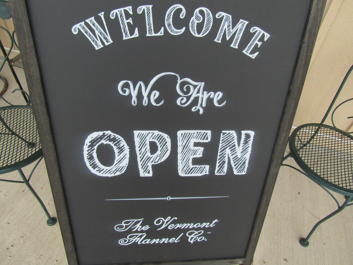 Welcome We Are Open A Frame Freestanding Sign Flannel Company Vermont Small shop Sidewalk Store Front Sign Wooden Sign Chalkboard Style