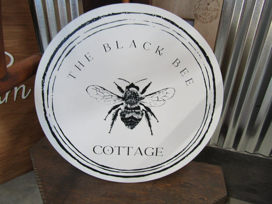 Cottage Bumble Bee Printed on Wood Black and White Decor Vintage Style Minimalist Lite Weight Small Business Sign Boutique Company Wooden