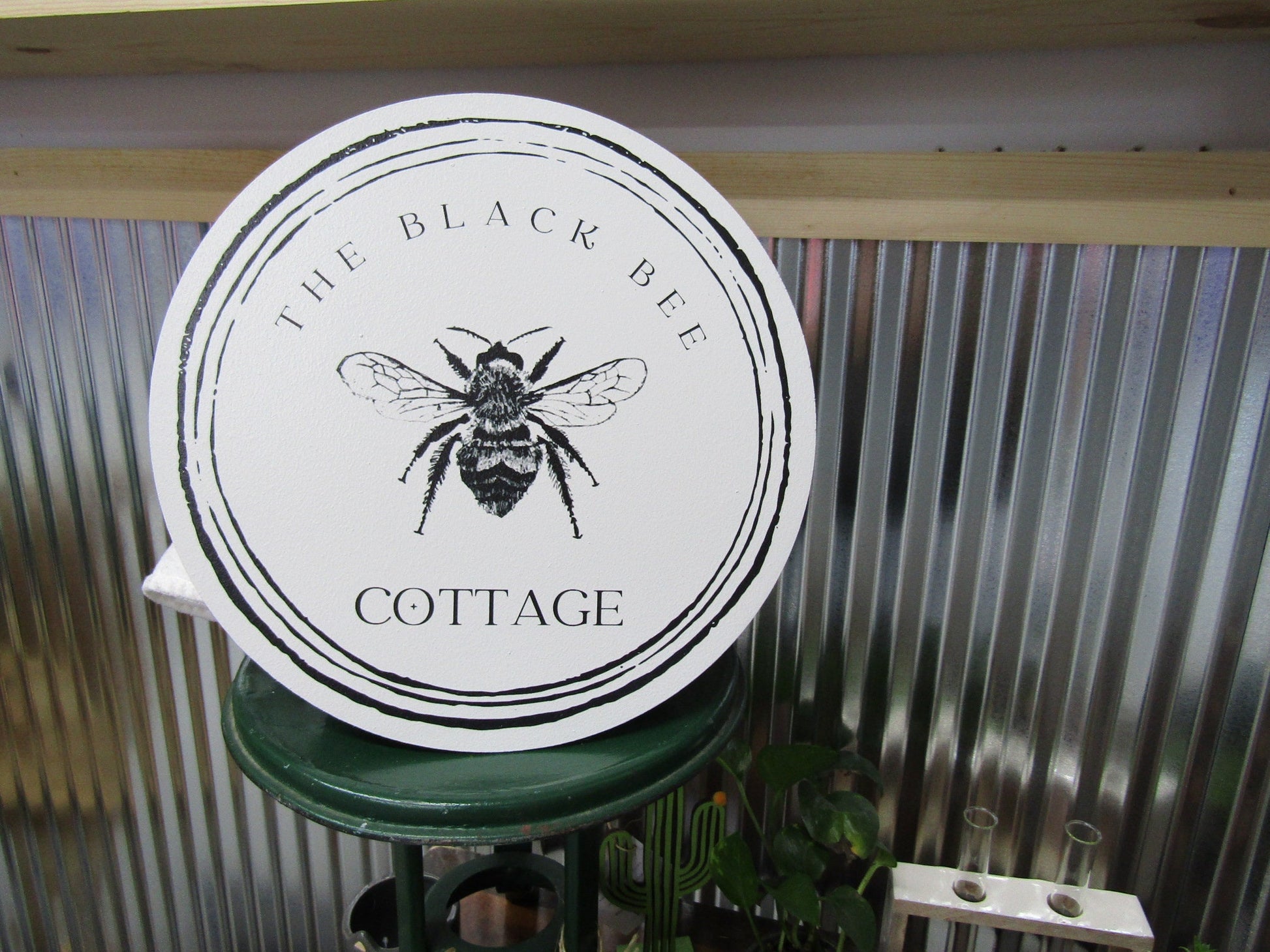 Cottage Bumble Bee Printed on Wood Black and White Decor Vintage Style Minimalist Lite Weight Small Business Sign Boutique Company Wooden