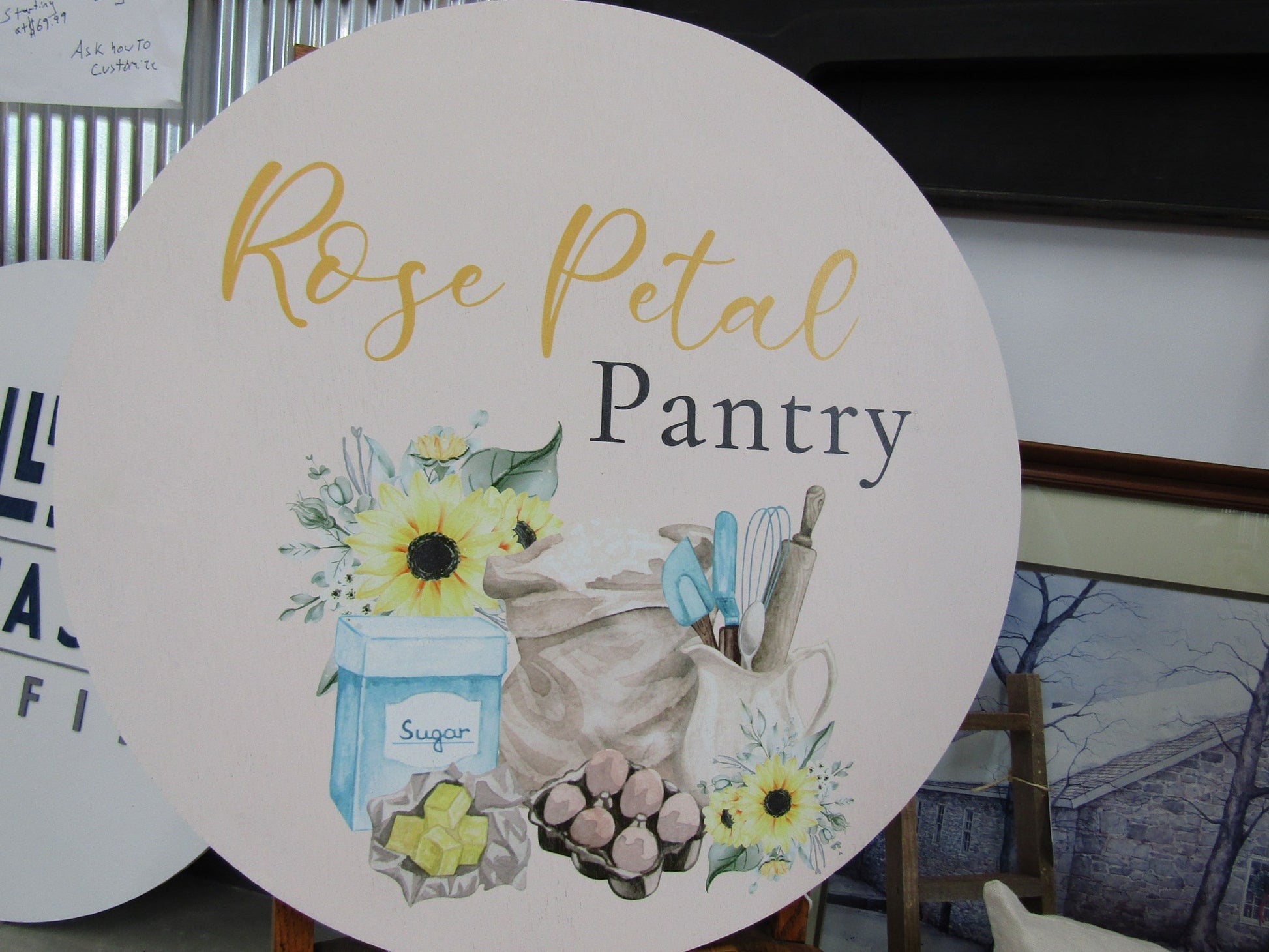 Pantry Baker Kitchen Utensils Sunflowers Printed on Wood Full Color Your Logo Sugar Flour Mason Jar Small Business Lightweight Wood Sign