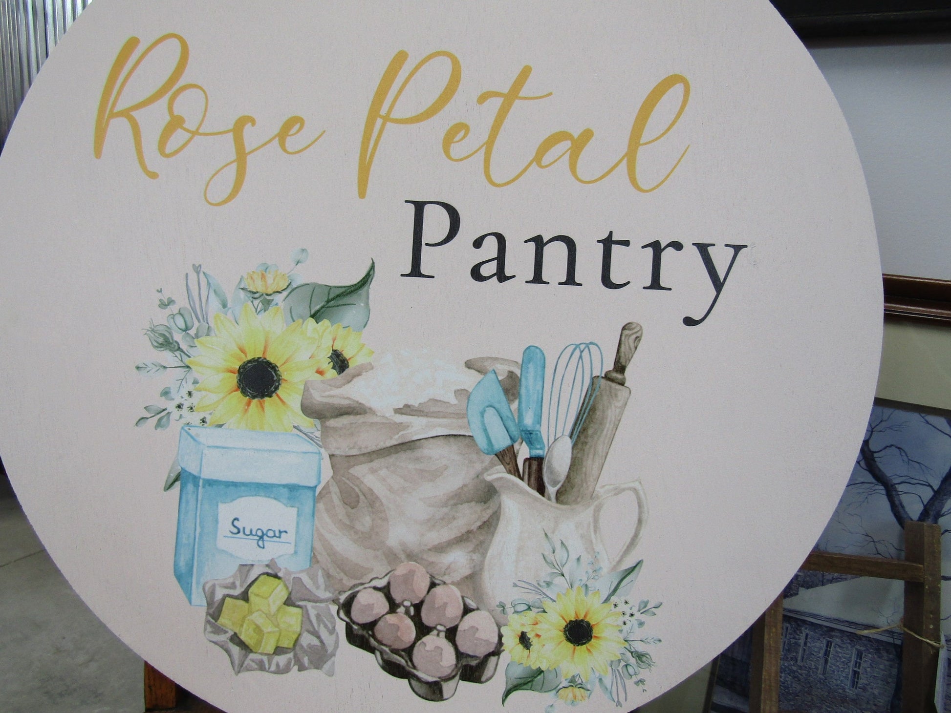 Pantry Baker Kitchen Utensils Sunflowers Printed on Wood Full Color Your Logo Sugar Flour Mason Jar Small Business Lightweight Wood Sign