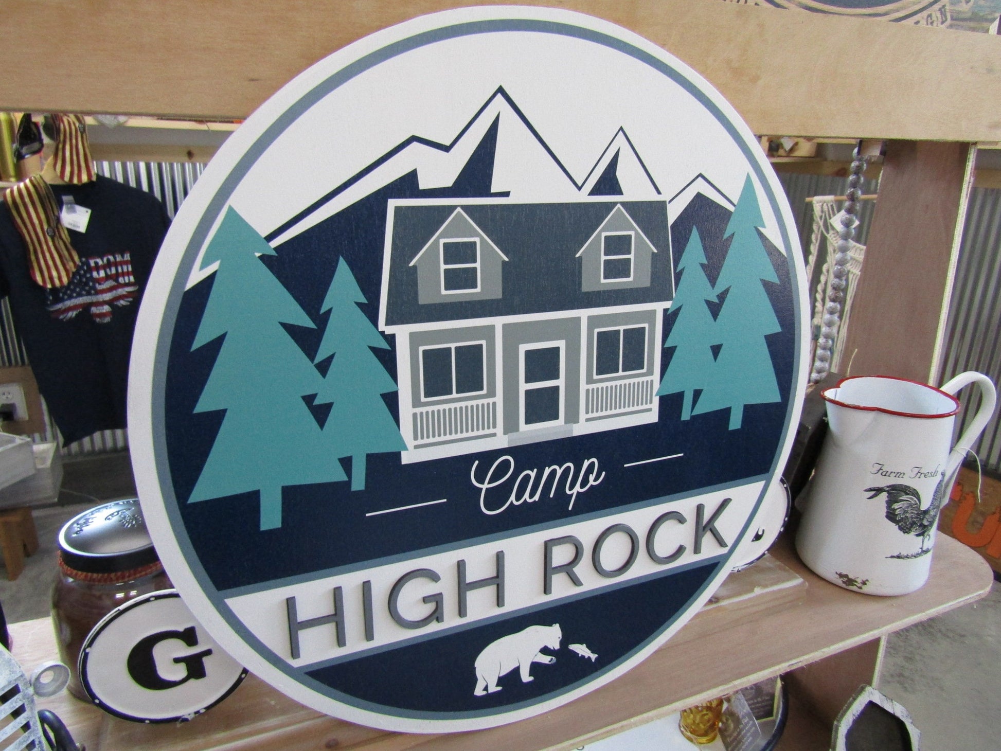 Custom Wooden Sign Commerical Signage Uv printed Logo 3D Letters Color Personalized Round Campground Mountains Cabin Woods Forest Bear Fish