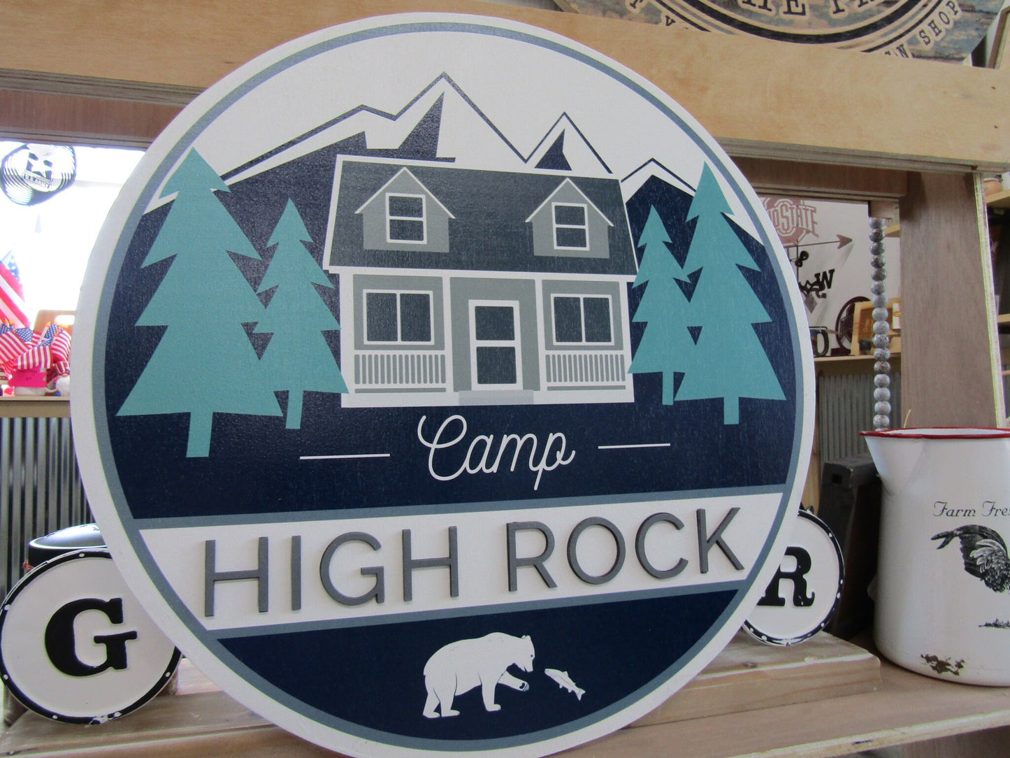 Custom Wooden Sign Commerical Signage Uv printed Logo 3D Letters Color Personalized Round Campground Mountains Cabin Woods Forest Bear Fish