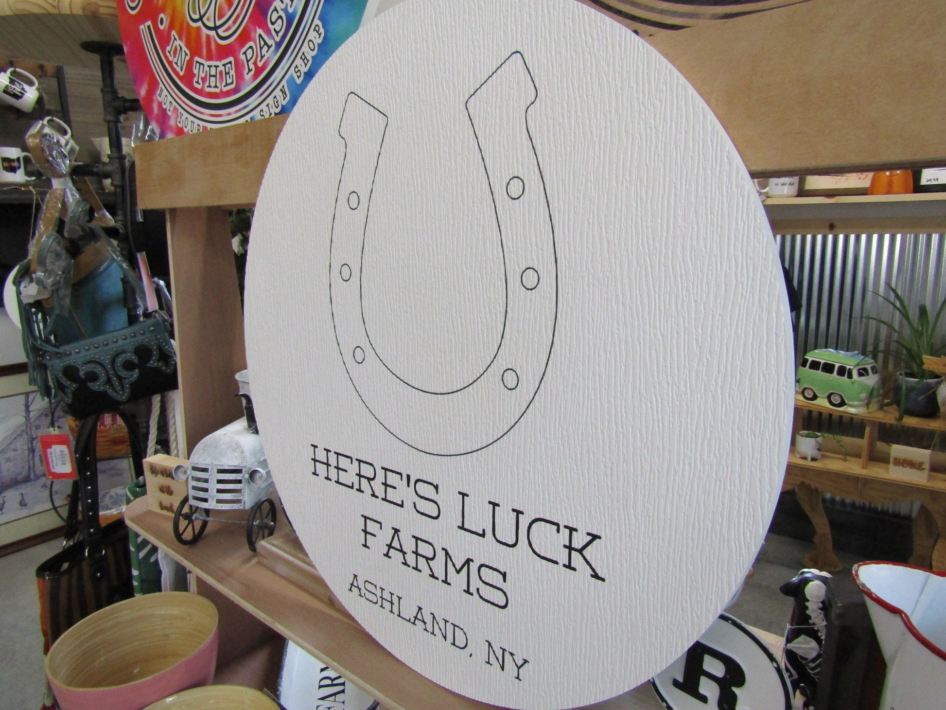 Custom Weatherproof PVC Sign Horseshoe Luck Farms Textured Personalized Circle Round Ready for your Business Logo Wall Hanging Or Mounted