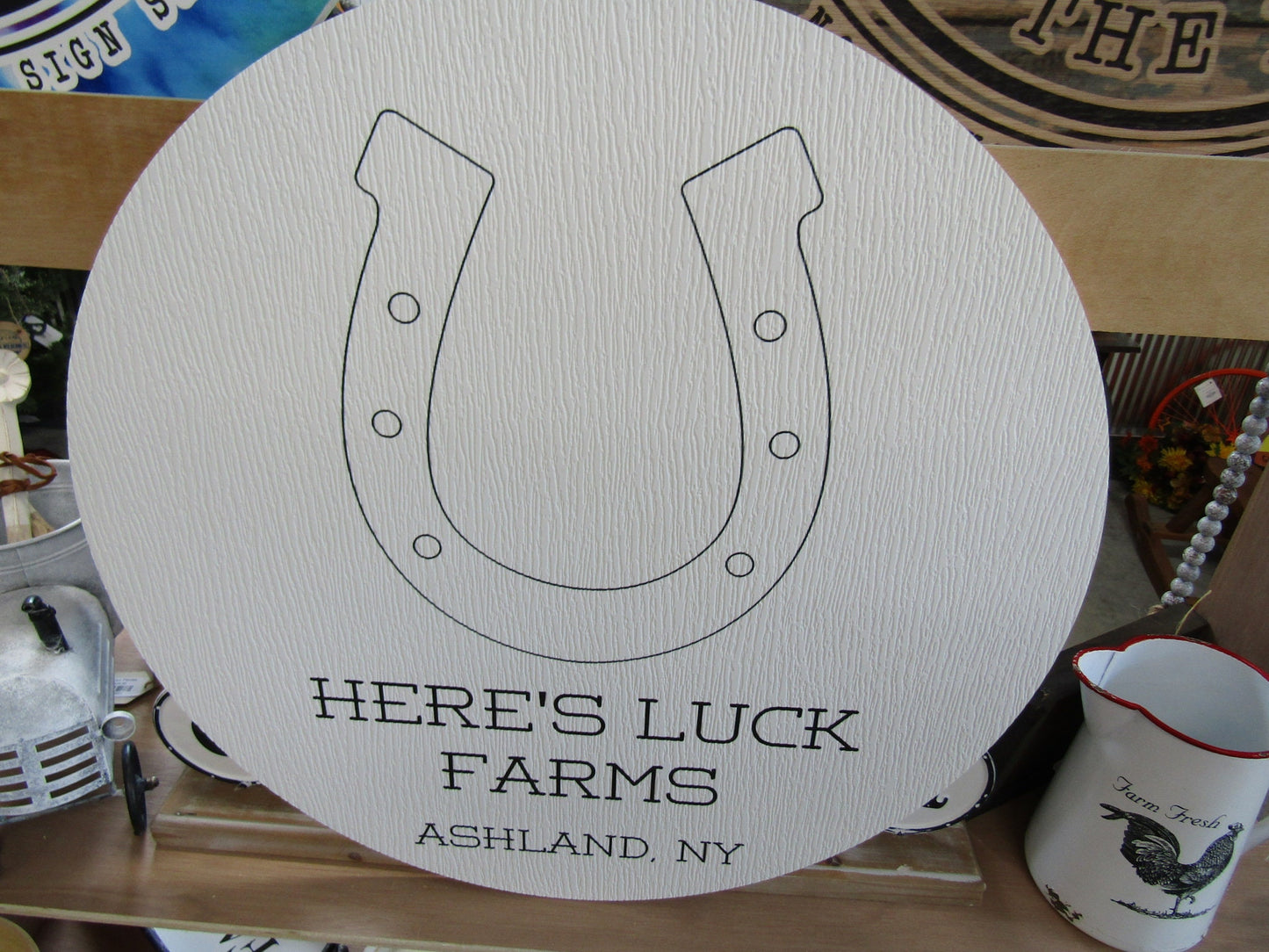 Custom Weatherproof PVC Sign Horseshoe Luck Farms Textured Personalized Circle Round Ready for your Business Logo Wall Hanging Or Mounted