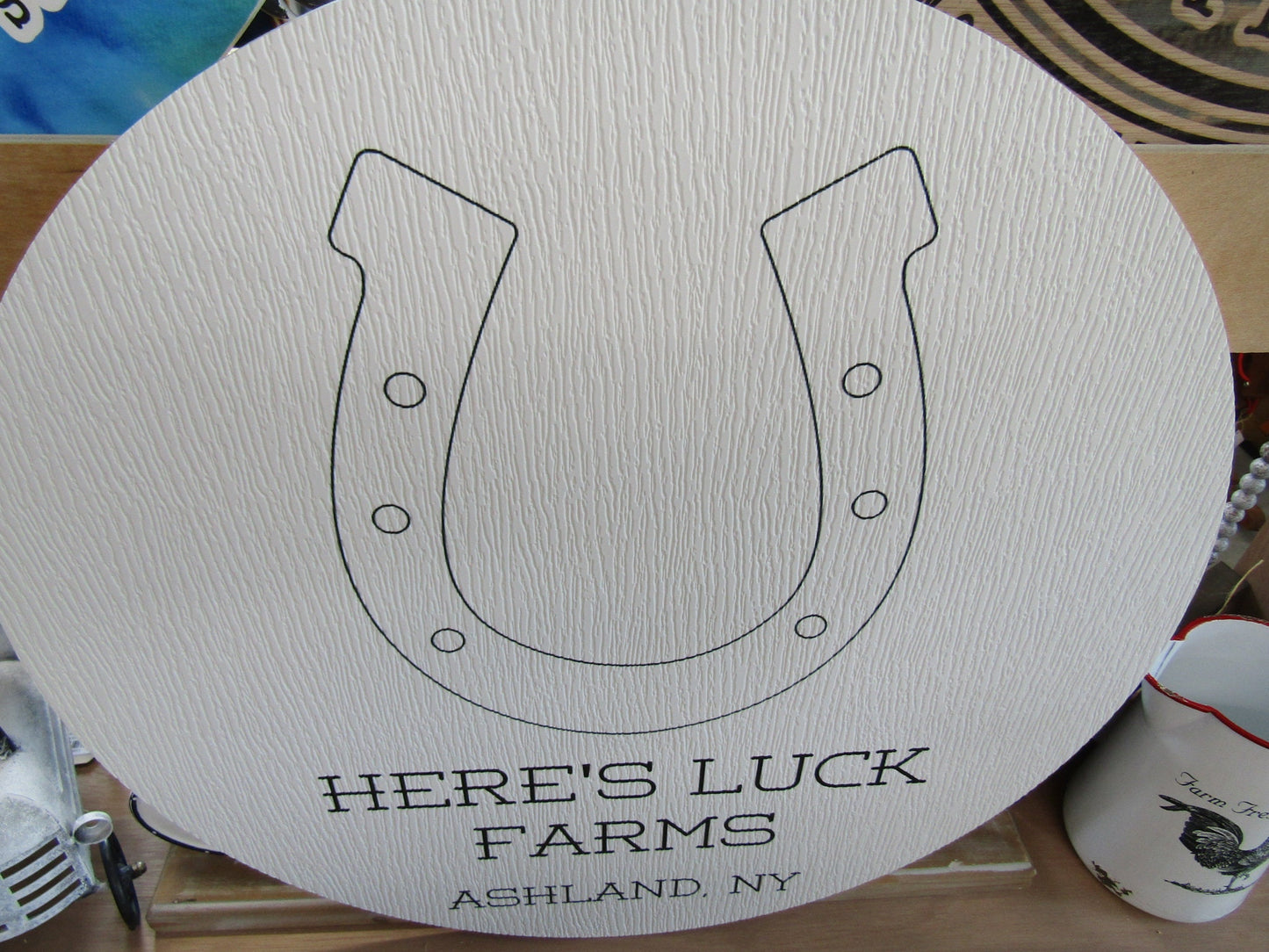 Custom Weatherproof PVC Sign Horseshoe Luck Farms Textured Personalized Circle Round Ready for your Business Logo Wall Hanging Or Mounted