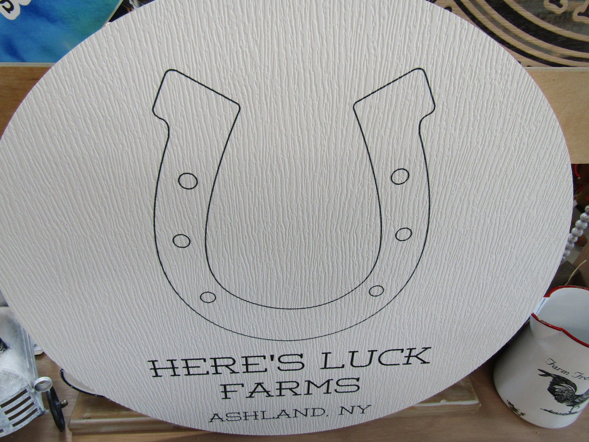 Custom Weatherproof PVC Sign Horseshoe Luck Farms Textured Personalized Circle Round Ready for your Business Logo Wall Hanging Or Mounted