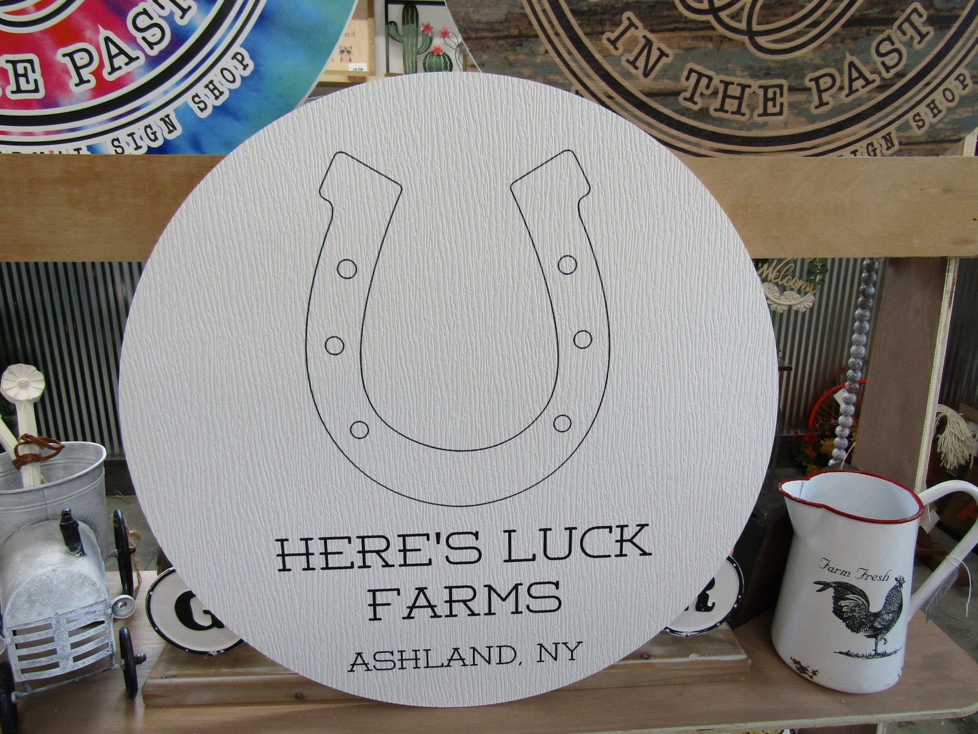 Custom Weatherproof PVC Sign Horseshoe Luck Farms Textured Personalized Circle Round Ready for your Business Logo Wall Hanging Or Mounted