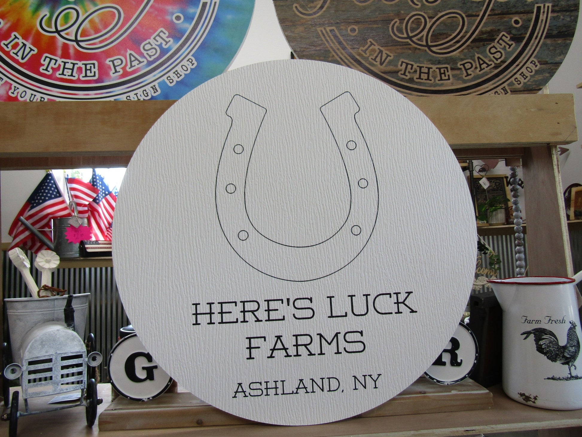 Custom Weatherproof PVC Sign Horseshoe Luck Farms Textured Personalized Circle Round Ready for your Business Logo Wall Hanging Or Mounted
