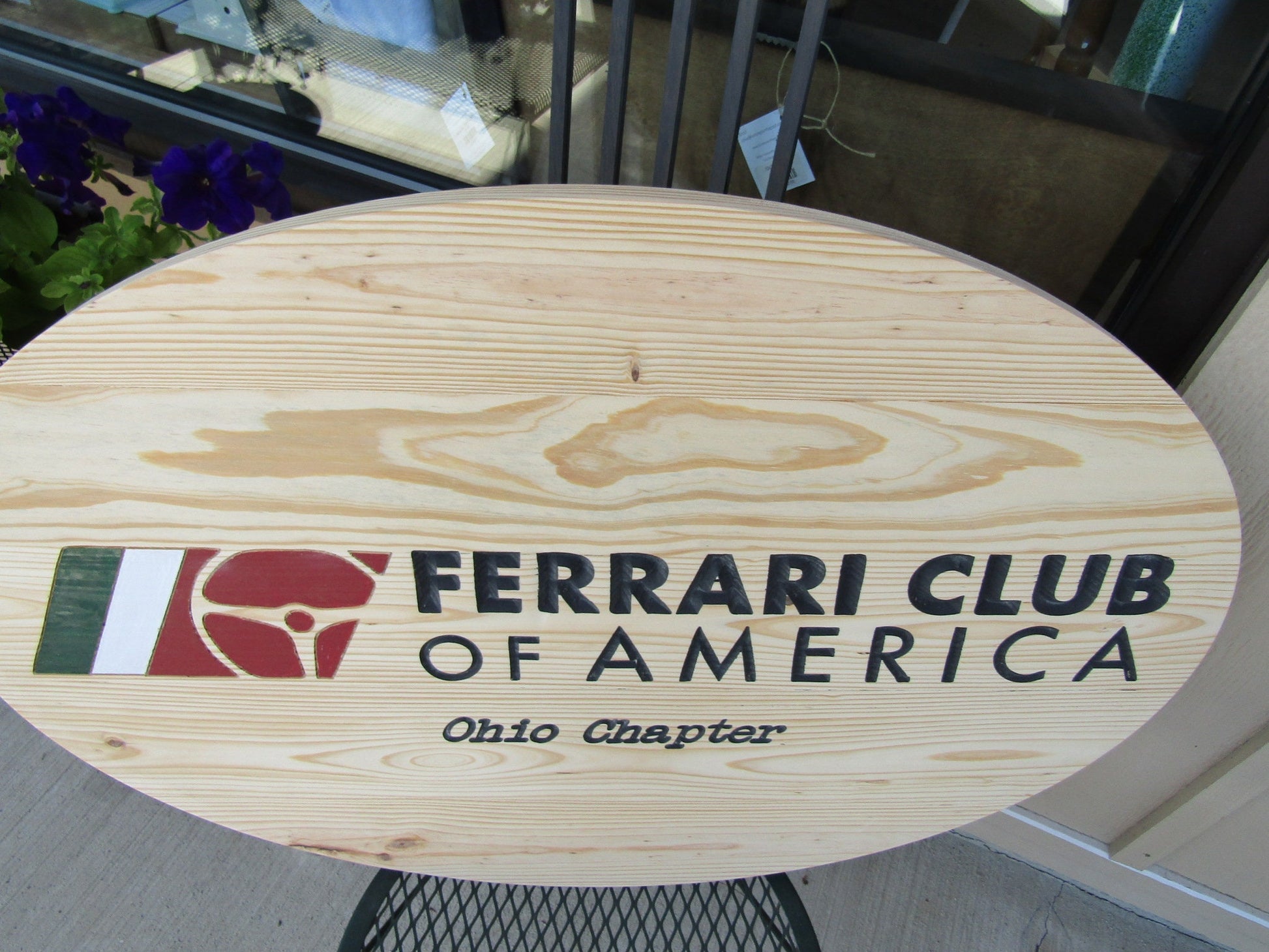 Automotive Car Club Vehicle Engraved Pine Color Filled Routed Sterring Wheel Logo Oval Large Handmade CNC Indoor Outdoor Commerical Signage