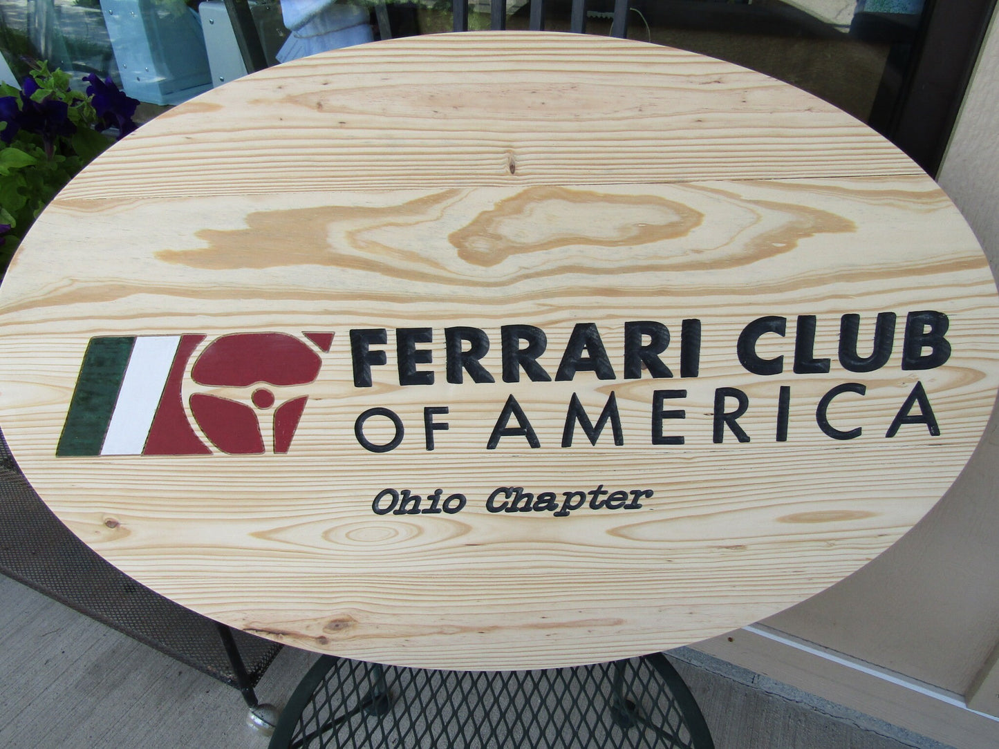 Automotive Car Club Vehicle Engraved Pine Color Filled Routed Sterring Wheel Logo Oval Large Handmade CNC Indoor Outdoor Commerical Signage