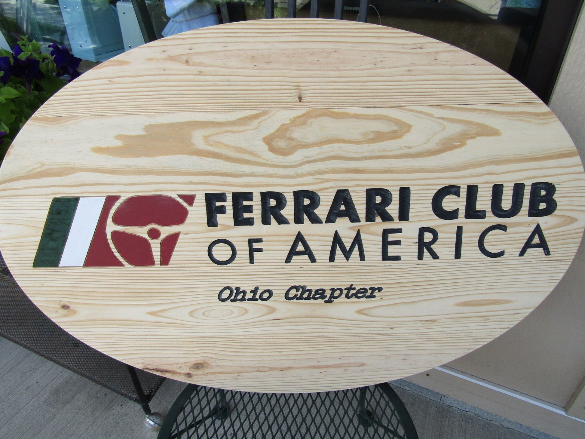 Automotive Car Club Vehicle Engraved Pine Color Filled Routed Sterring Wheel Logo Oval Large Handmade CNC Indoor Outdoor Commerical Signage