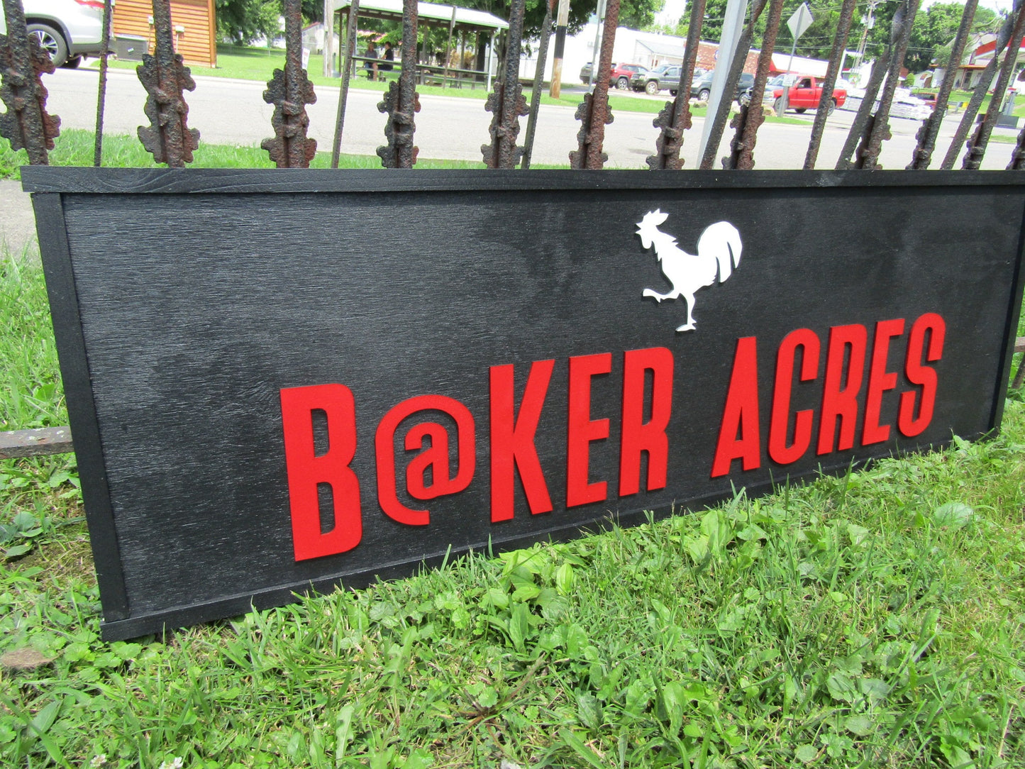 Farm Farmhouse Acres Lastname Commerical Signage Rooster Chicken Coop Garden Center Fresh Black and Red Wooden Handmade Logo Farmhouse Sign