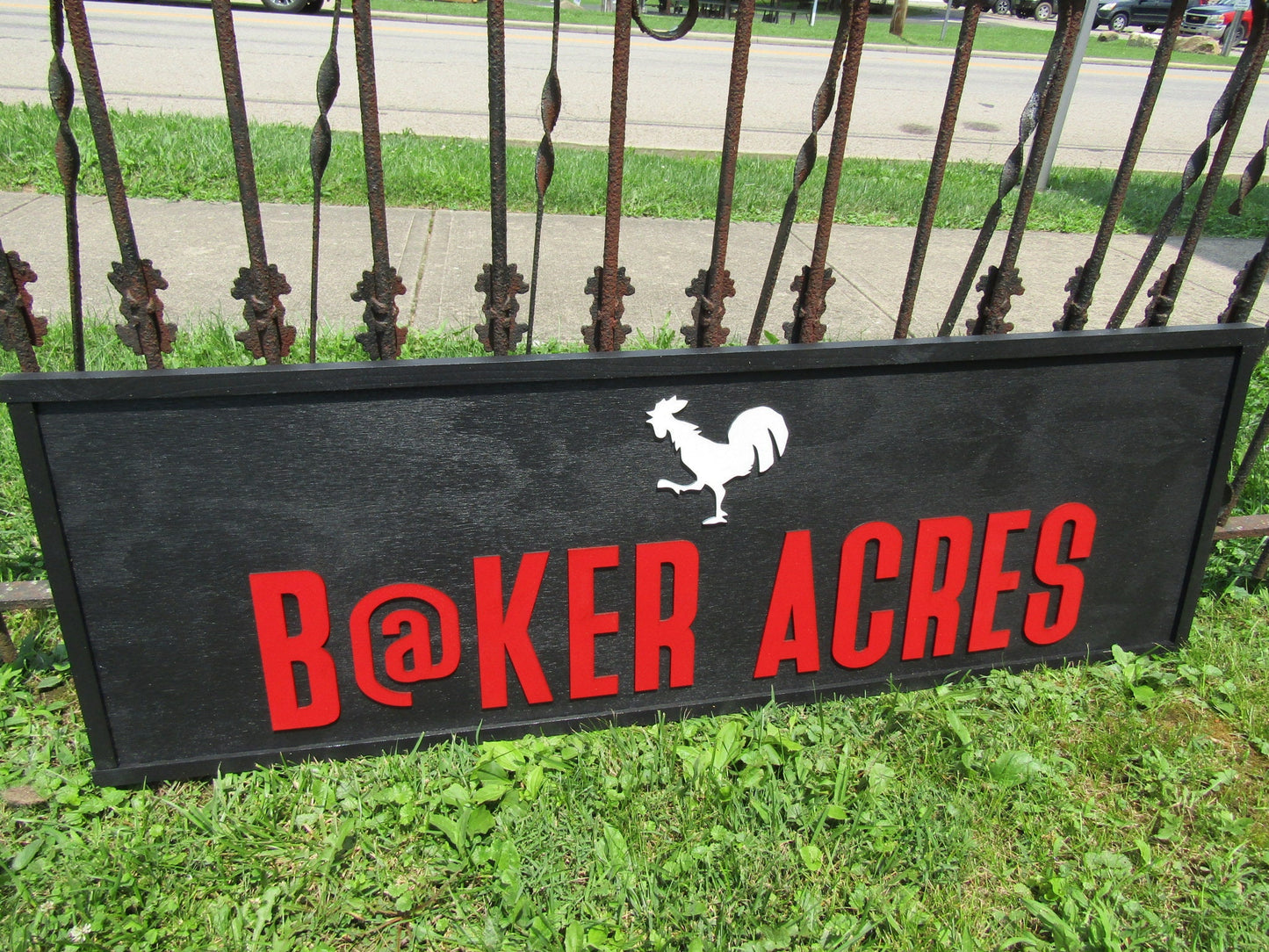 Farm Farmhouse Acres Lastname Commerical Signage Rooster Chicken Coop Garden Center Fresh Black and Red Wooden Handmade Logo Farmhouse Sign
