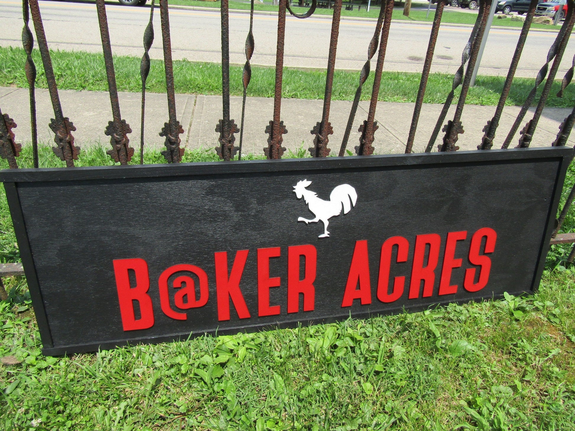 Farm Farmhouse Acres Lastname Commerical Signage Rooster Chicken Coop Garden Center Fresh Black and Red Wooden Handmade Logo Farmhouse Sign