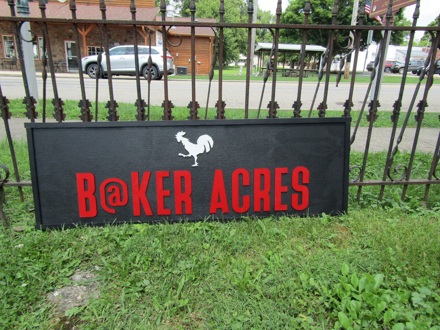 Farm Farmhouse Acres Lastname Commerical Signage Rooster Chicken Coop Garden Center Fresh Black and Red Wooden Handmade Logo Farmhouse Sign