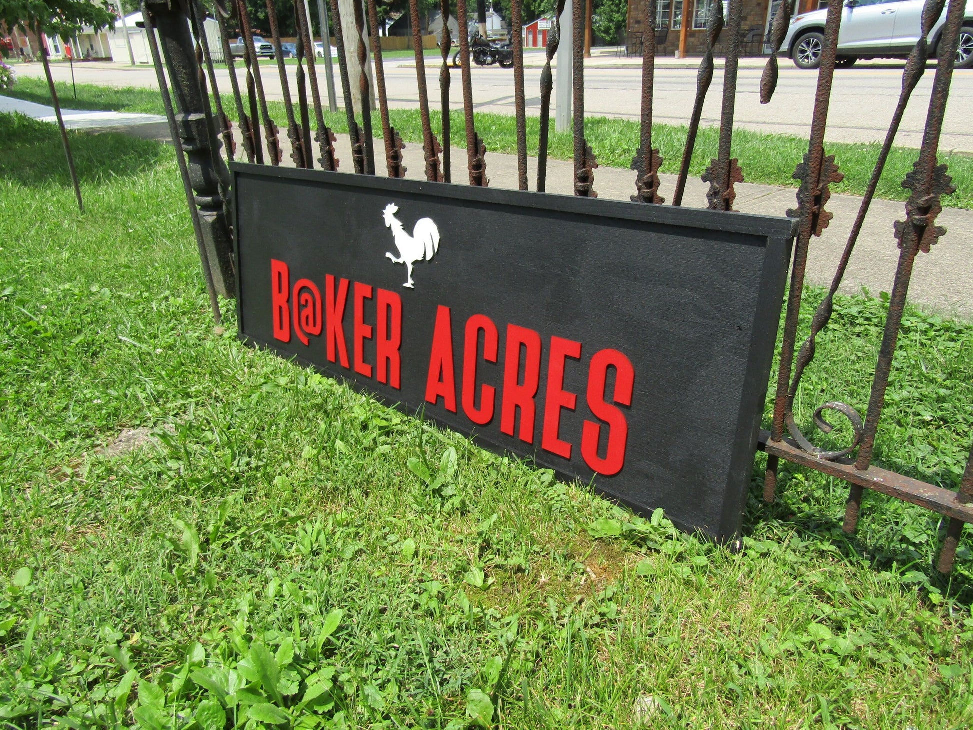 Farm Farmhouse Acres Lastname Commerical Signage Rooster Chicken Coop Garden Center Fresh Black and Red Wooden Handmade Logo Farmhouse Sign