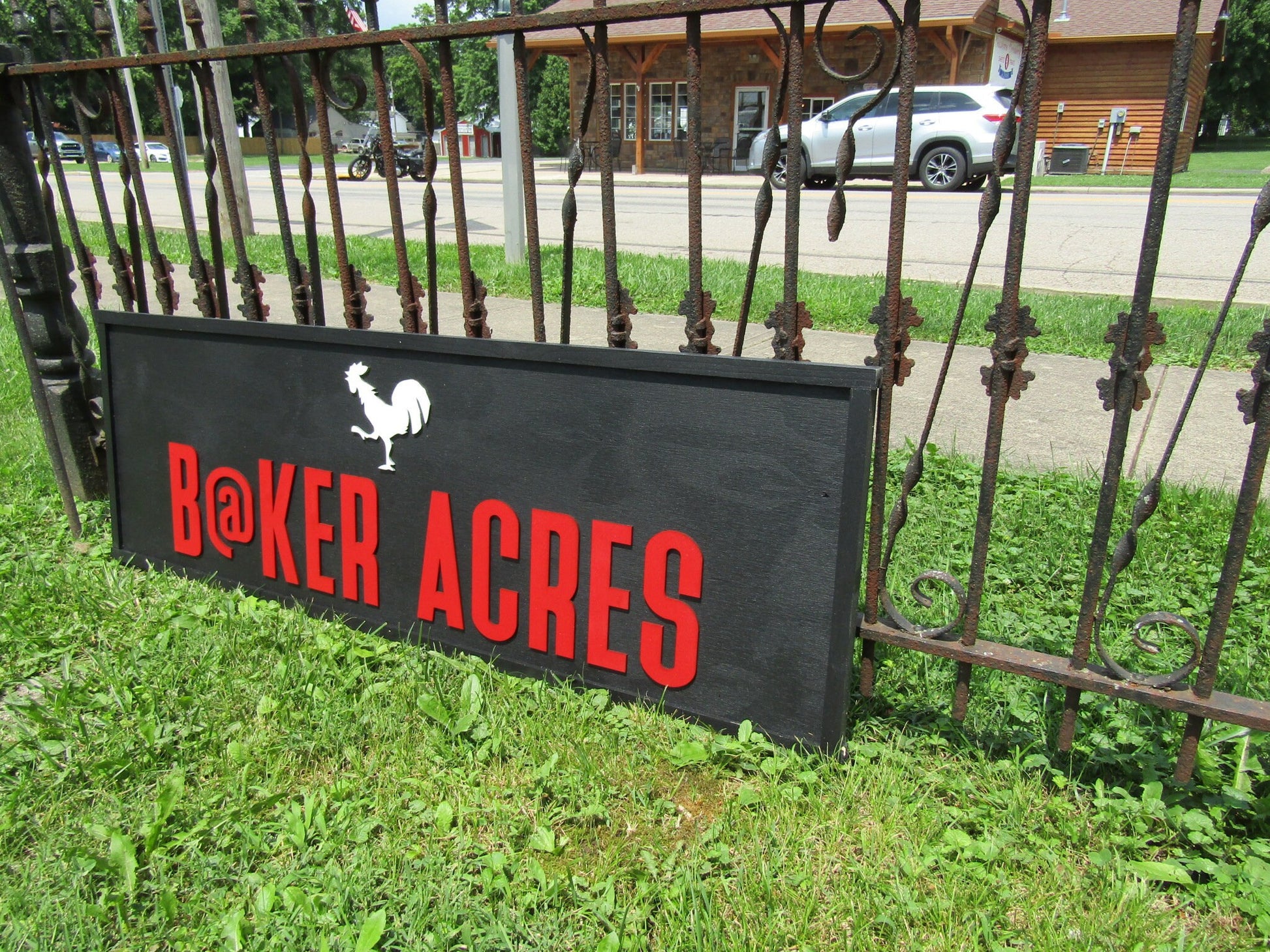 Farm Farmhouse Acres Lastname Commerical Signage Rooster Chicken Coop Garden Center Fresh Black and Red Wooden Handmade Logo Farmhouse Sign
