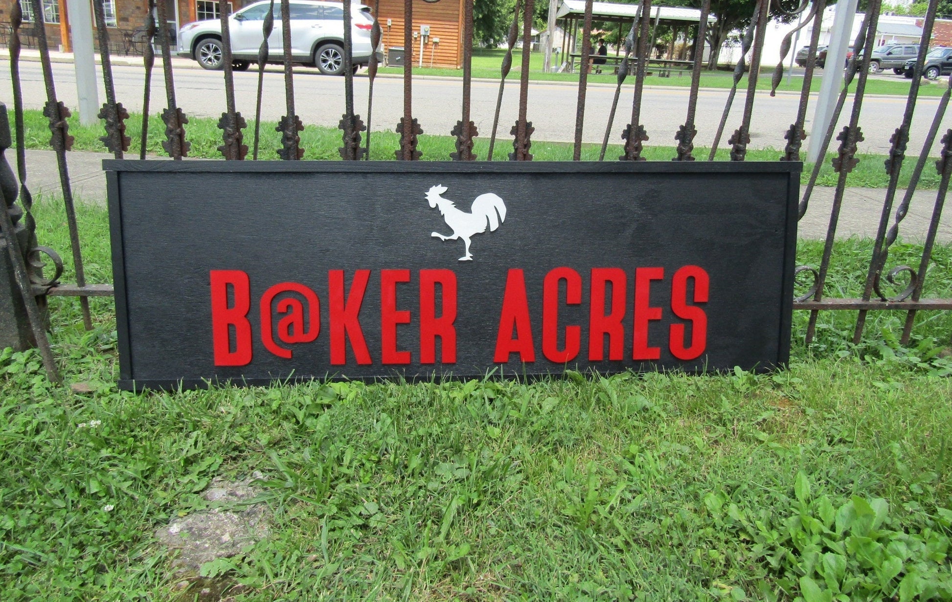 Farm Farmhouse Acres Lastname Commerical Signage Rooster Chicken Coop Garden Center Fresh Black and Red Wooden Handmade Logo Farmhouse Sign