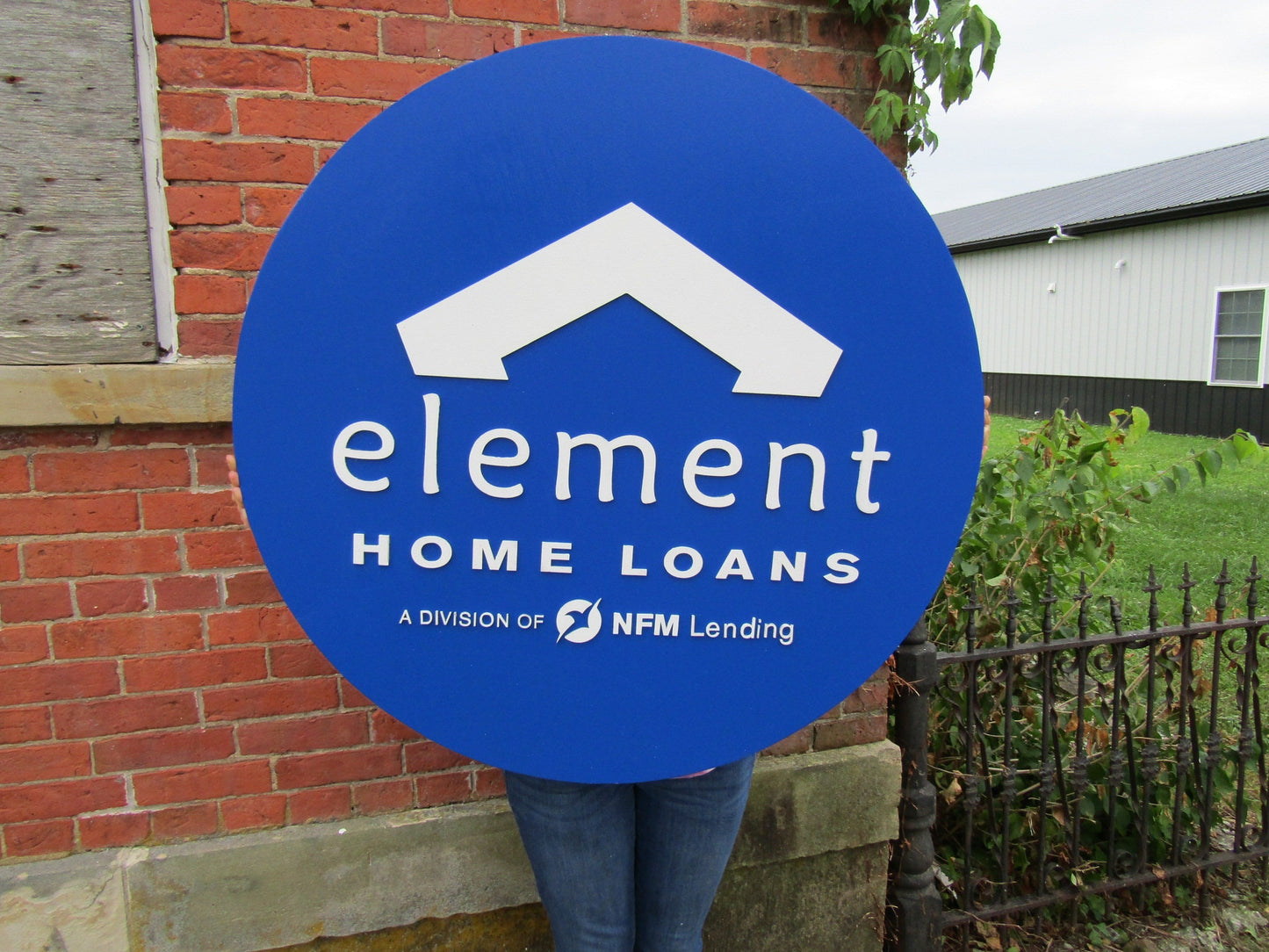 Custom Sign Round Business Commerical Signage Element Mortage Loan Office Made to Order Logo Blue Circle Wooden Handmade Advertising Large