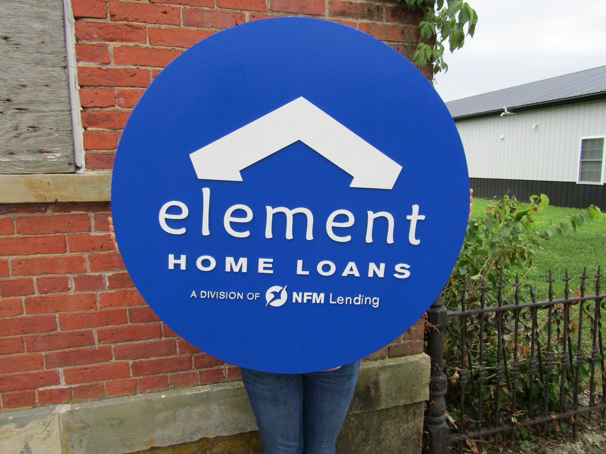 Custom Sign Round Business Commerical Signage Element Mortage Loan Office Made to Order Logo Blue Circle Wooden Handmade Advertising Large