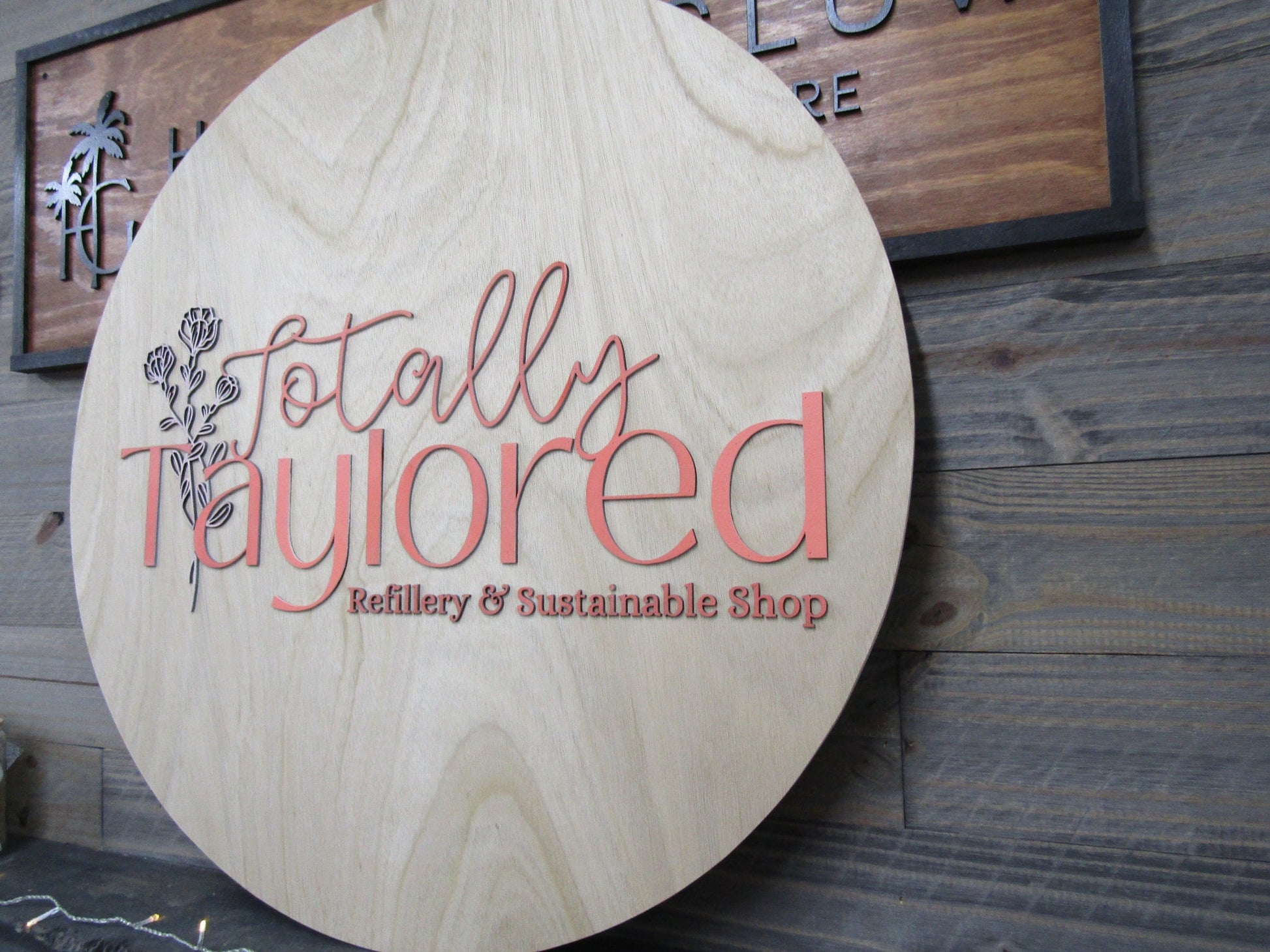 Personalized Refillery Thrift Store Wooden Sign Woodgrain Pink Floral Commerical Signage Natural Sustainable Raised Letters Logo Custom Sign