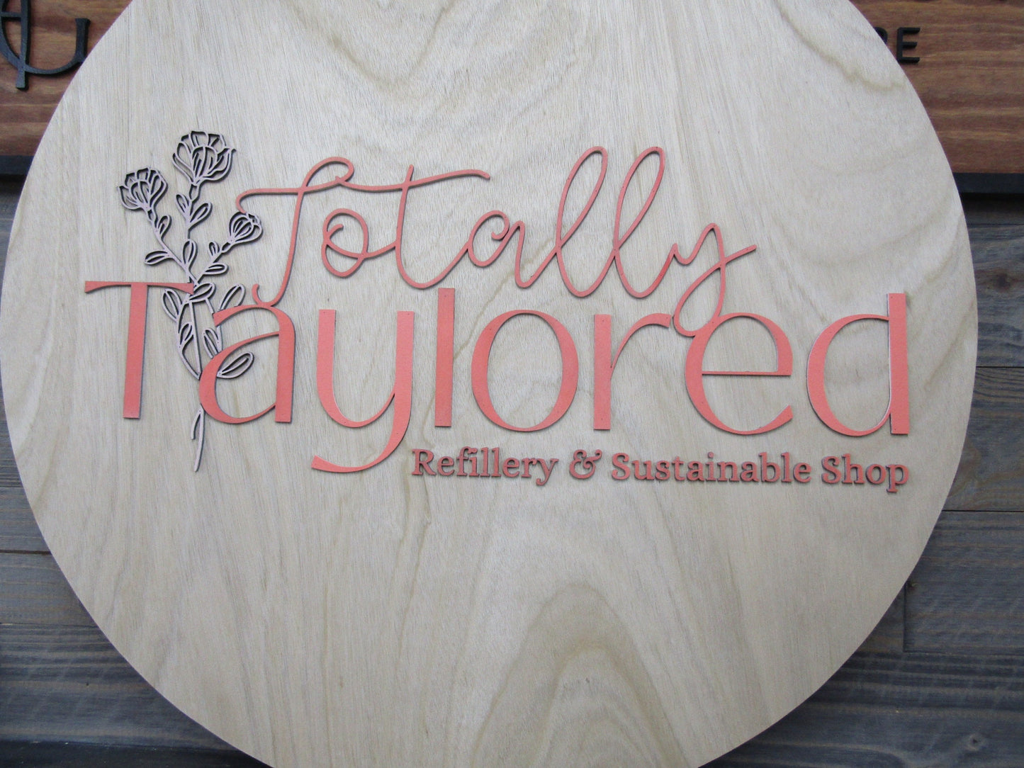 Personalized Refillery Thrift Store Wooden Sign Woodgrain Pink Floral Commerical Signage Natural Sustainable Raised Letters Logo Custom Sign