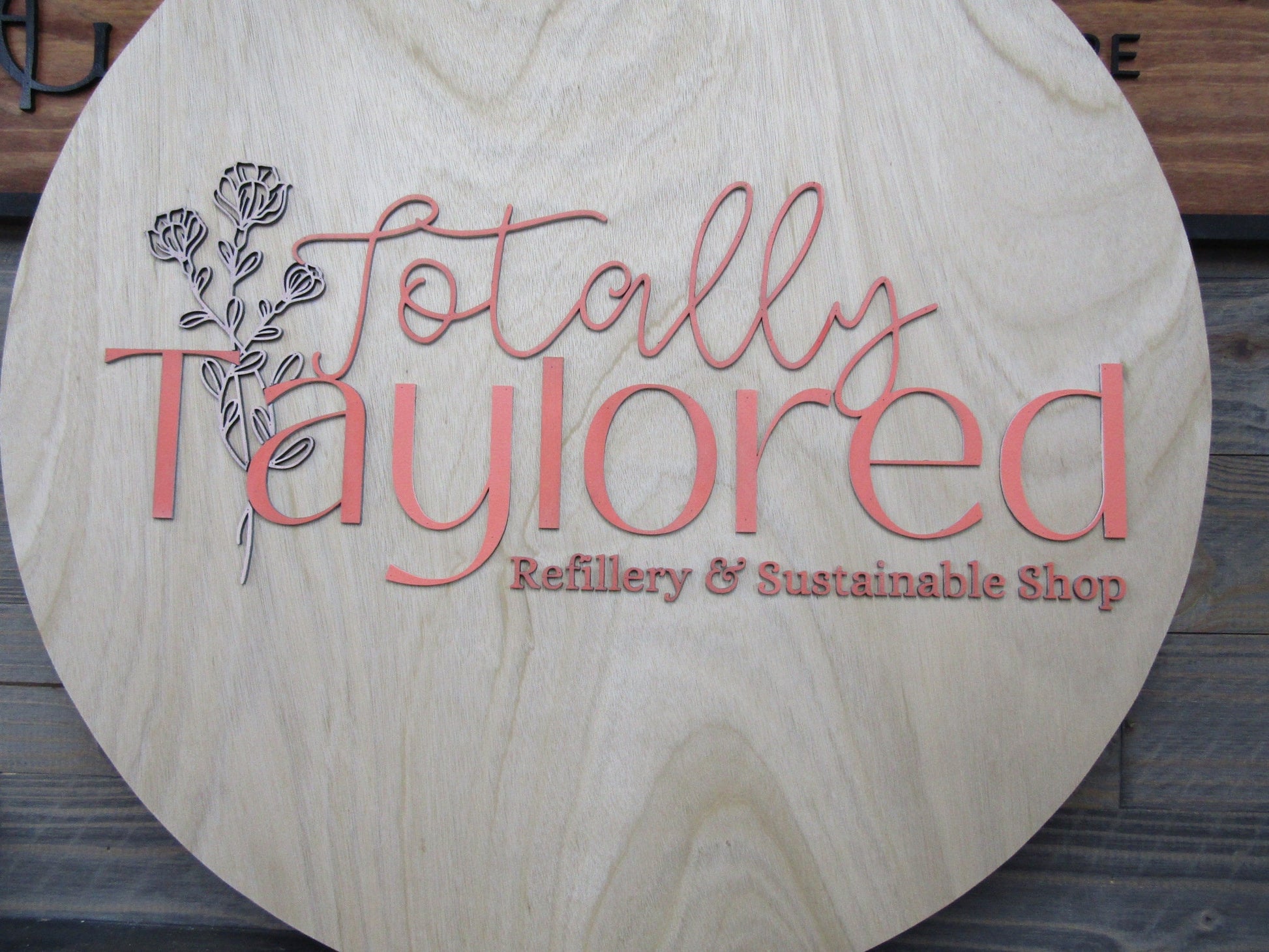 Personalized Refillery Thrift Store Wooden Sign Woodgrain Pink Floral Commerical Signage Natural Sustainable Raised Letters Logo Custom Sign