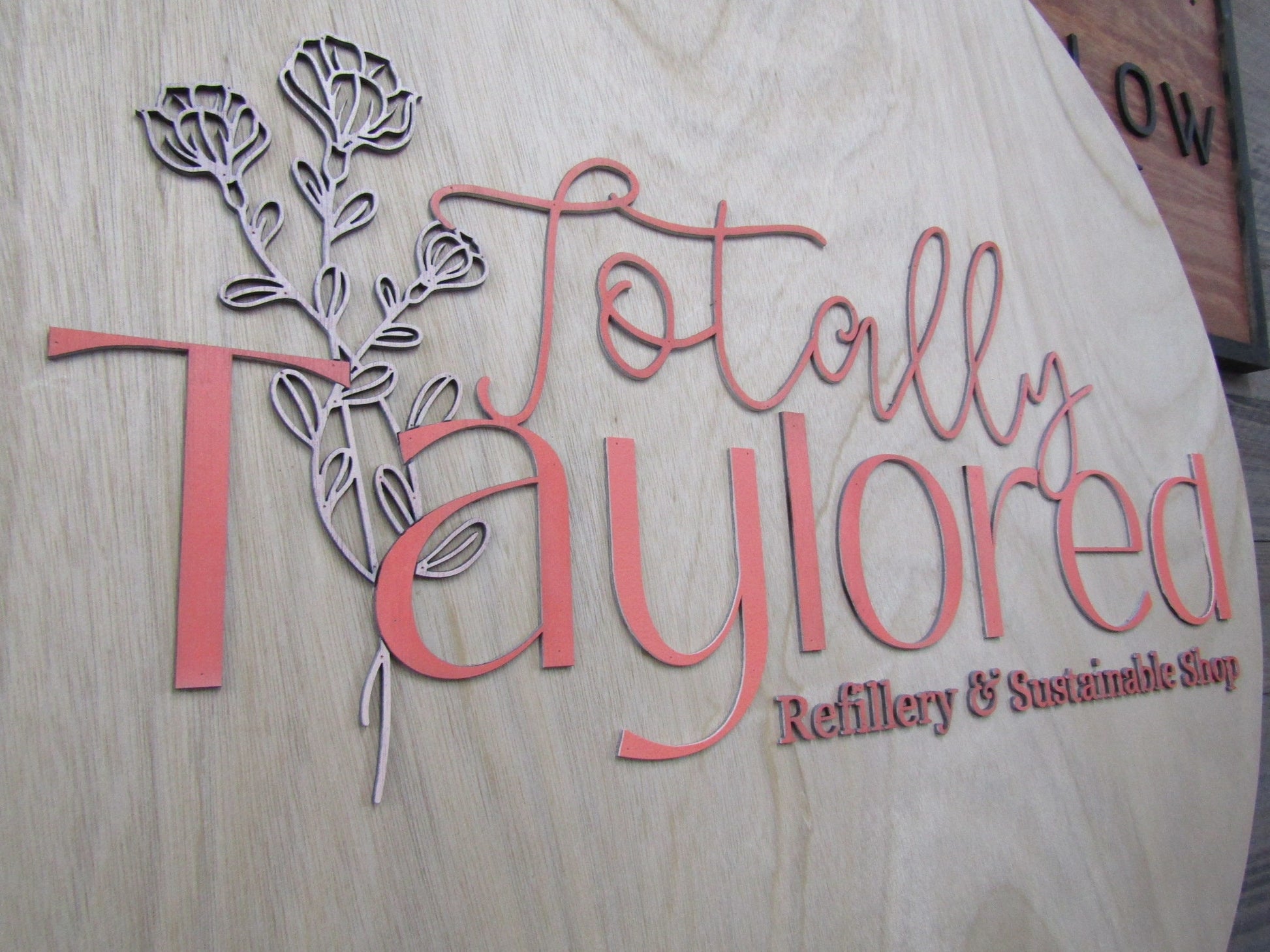 Personalized Refillery Thrift Store Wooden Sign Woodgrain Pink Floral Commerical Signage Natural Sustainable Raised Letters Logo Custom Sign