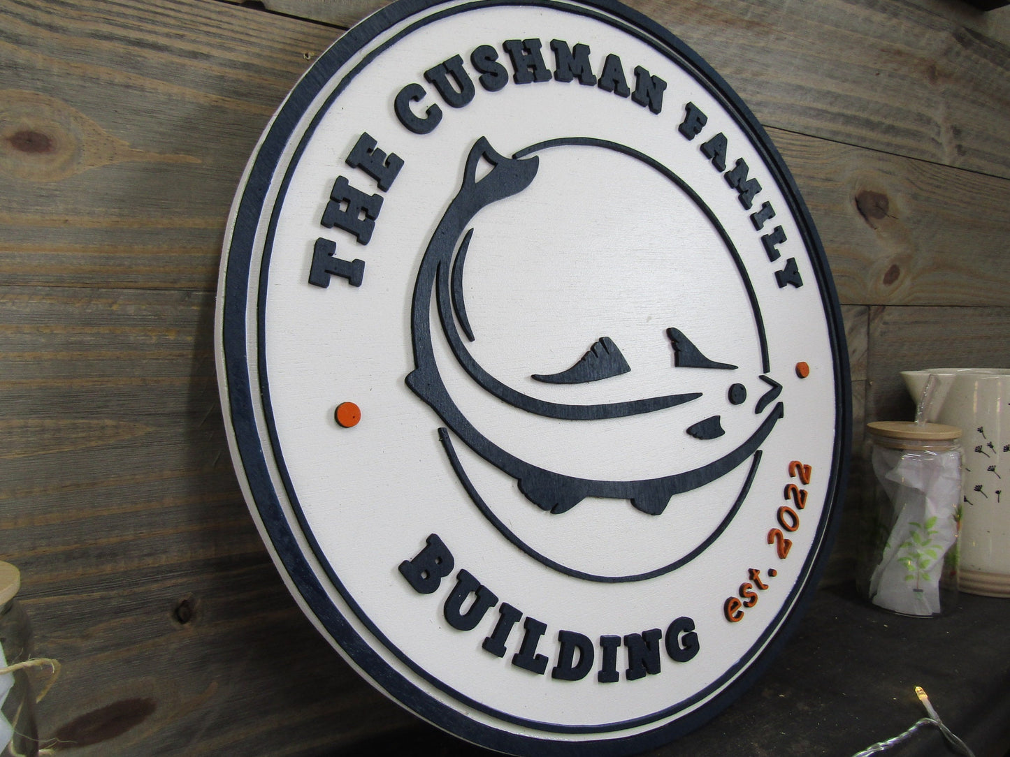 Custom Family Building Sign Personalized Customizable Fish Fisher Bait and Tackle Outdoorsman Signage Round Boating Dock Wooden Handmade