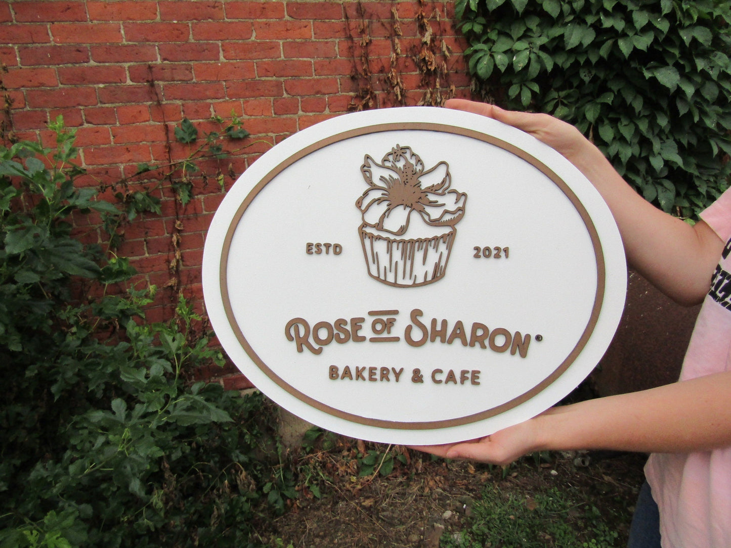 Custom Bakery And Cafe Sign Wooden Handmade Decor Cupcake Baker Rose of Sharon Your Logo Oval Commerical Signage Business Sign Restaurant