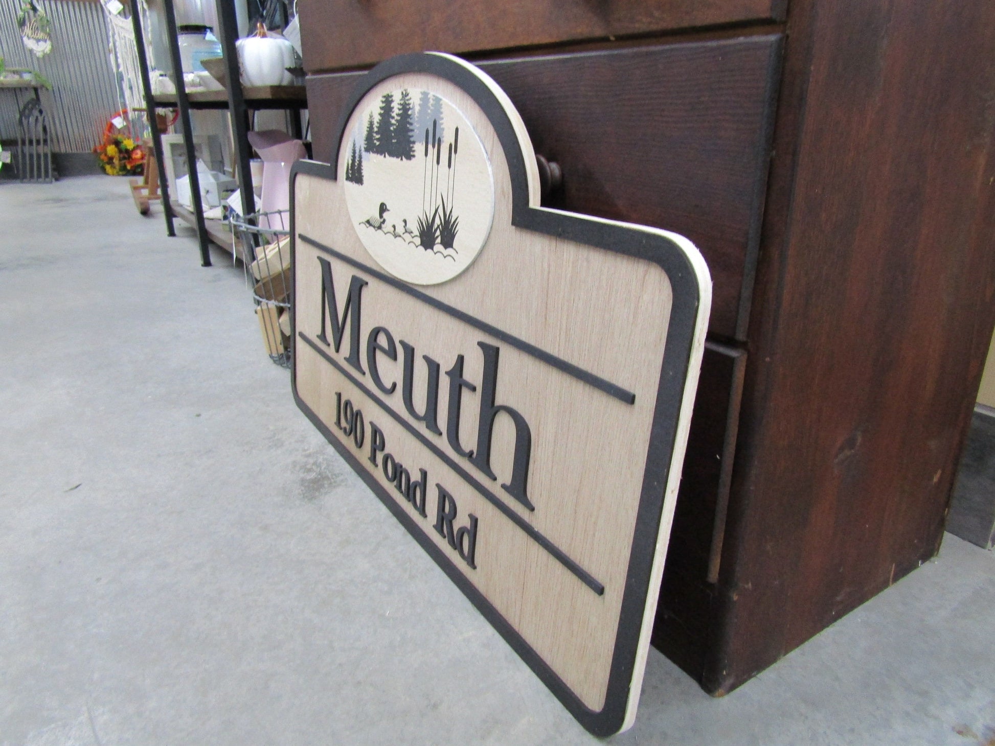 Custom Address Road Sign Private Drive Pond Duck Woodsy Pine Trees 3D Raised Contoured Shape Handmade Driveway Directional Wooden