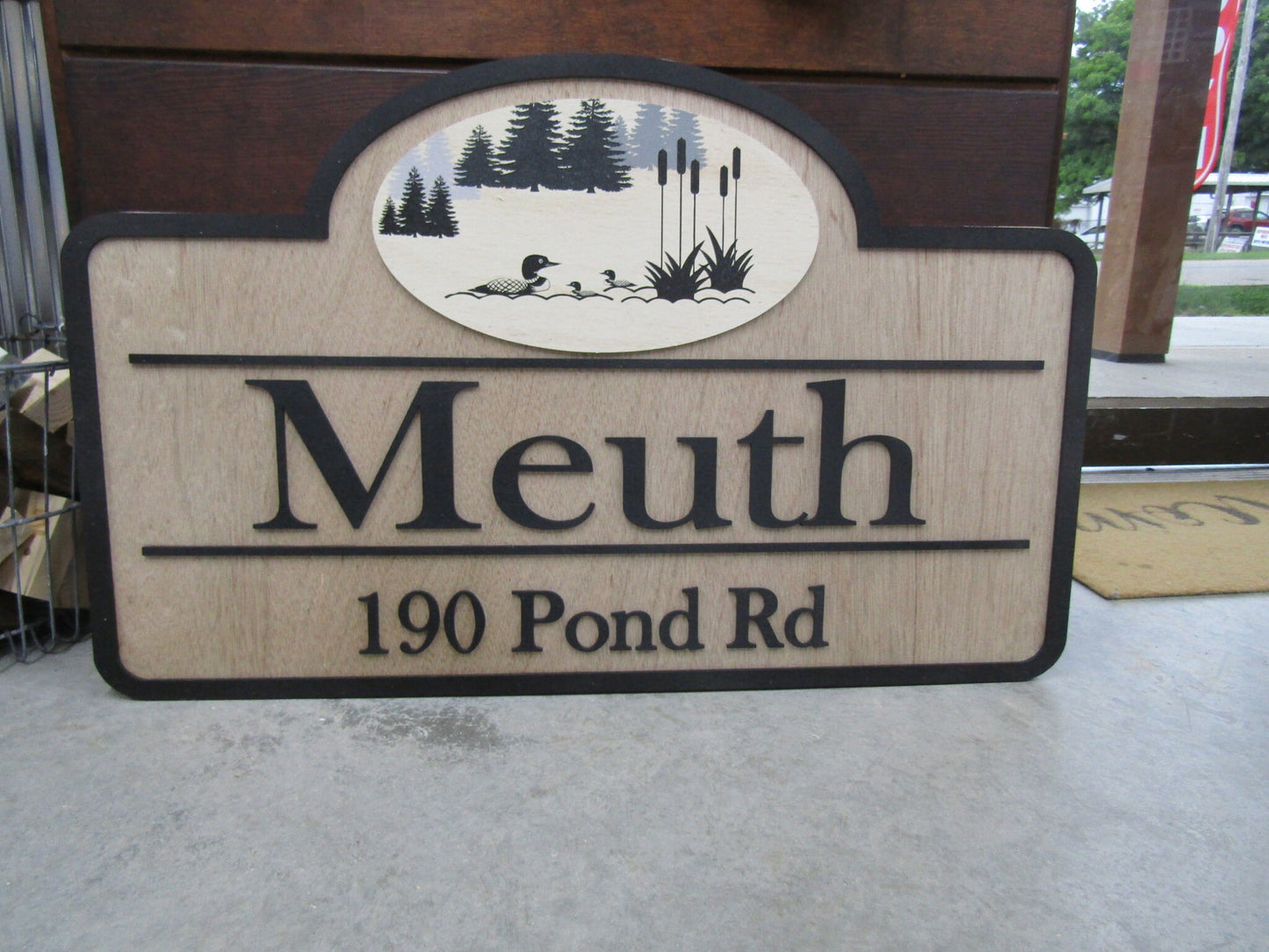Custom Address Road Sign Private Drive Pond Duck Woodsy Pine Trees 3D Raised Contoured Shape Handmade Driveway Directional Wooden