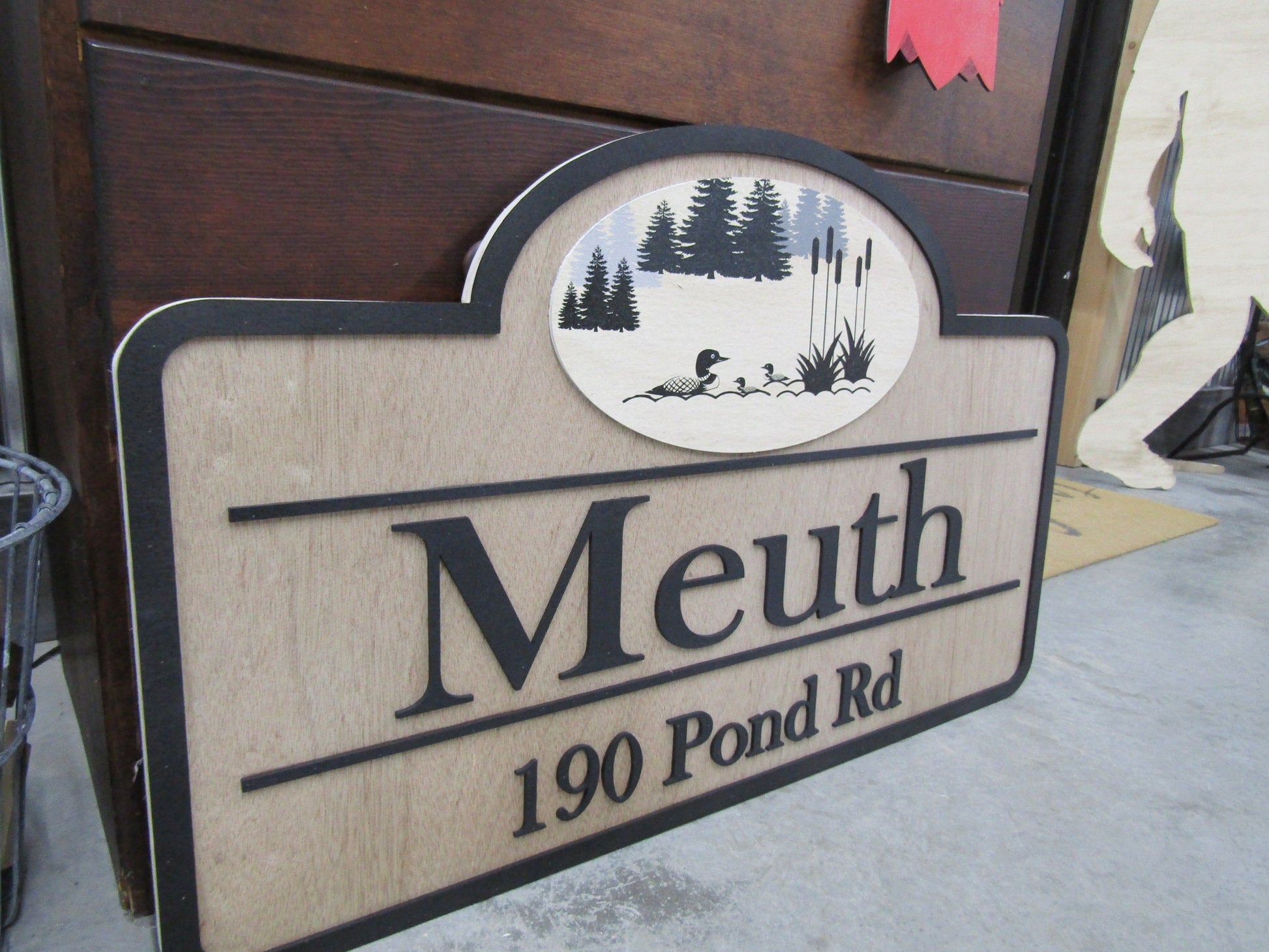 Custom Address Road Sign Private Drive Pond Duck Woodsy Pine Trees 3D Raised Contoured Shape Handmade Driveway Directional Wooden