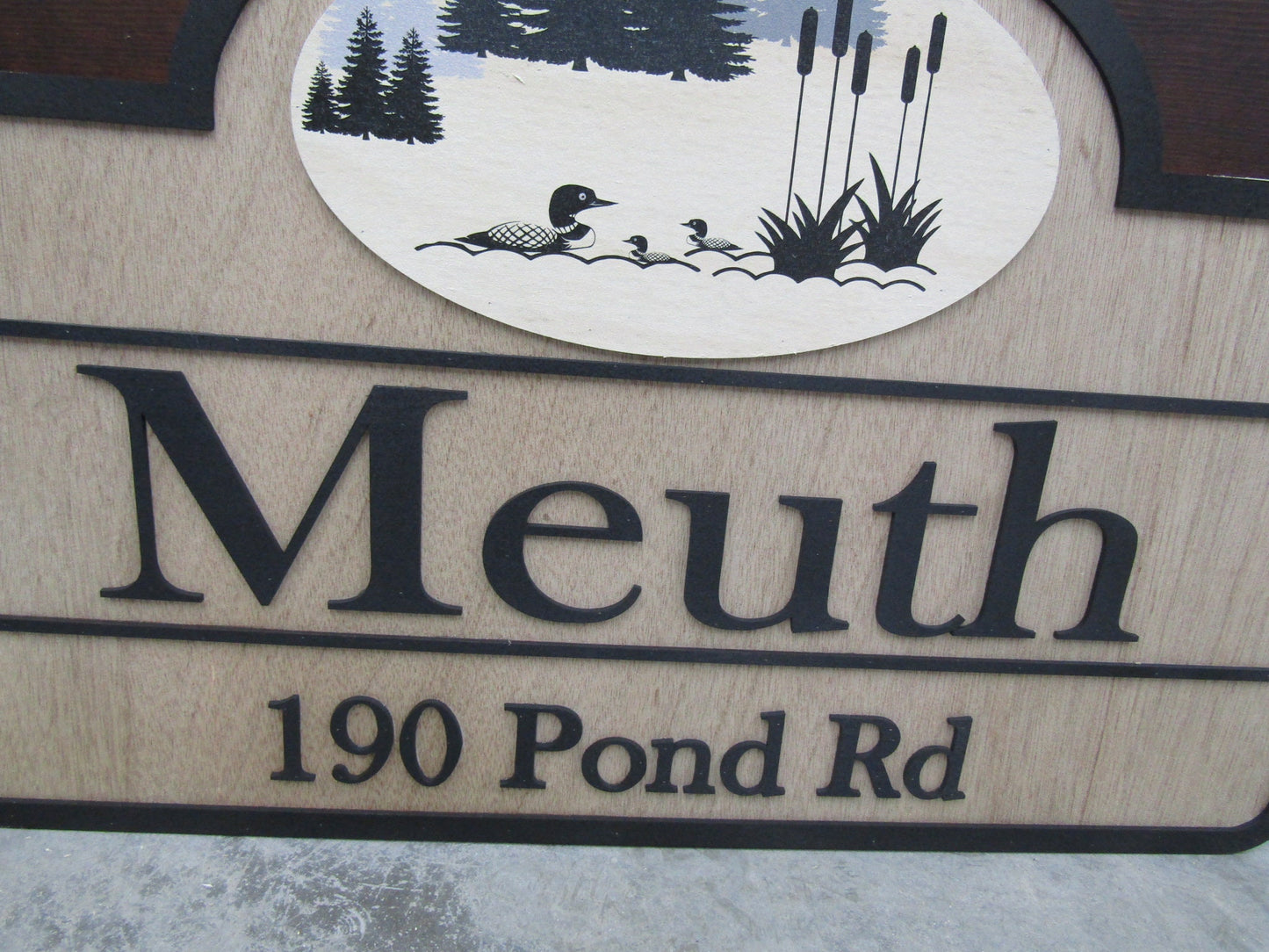 Custom Address Road Sign Private Drive Pond Duck Woodsy Pine Trees 3D Raised Contoured Shape Handmade Driveway Directional Wooden