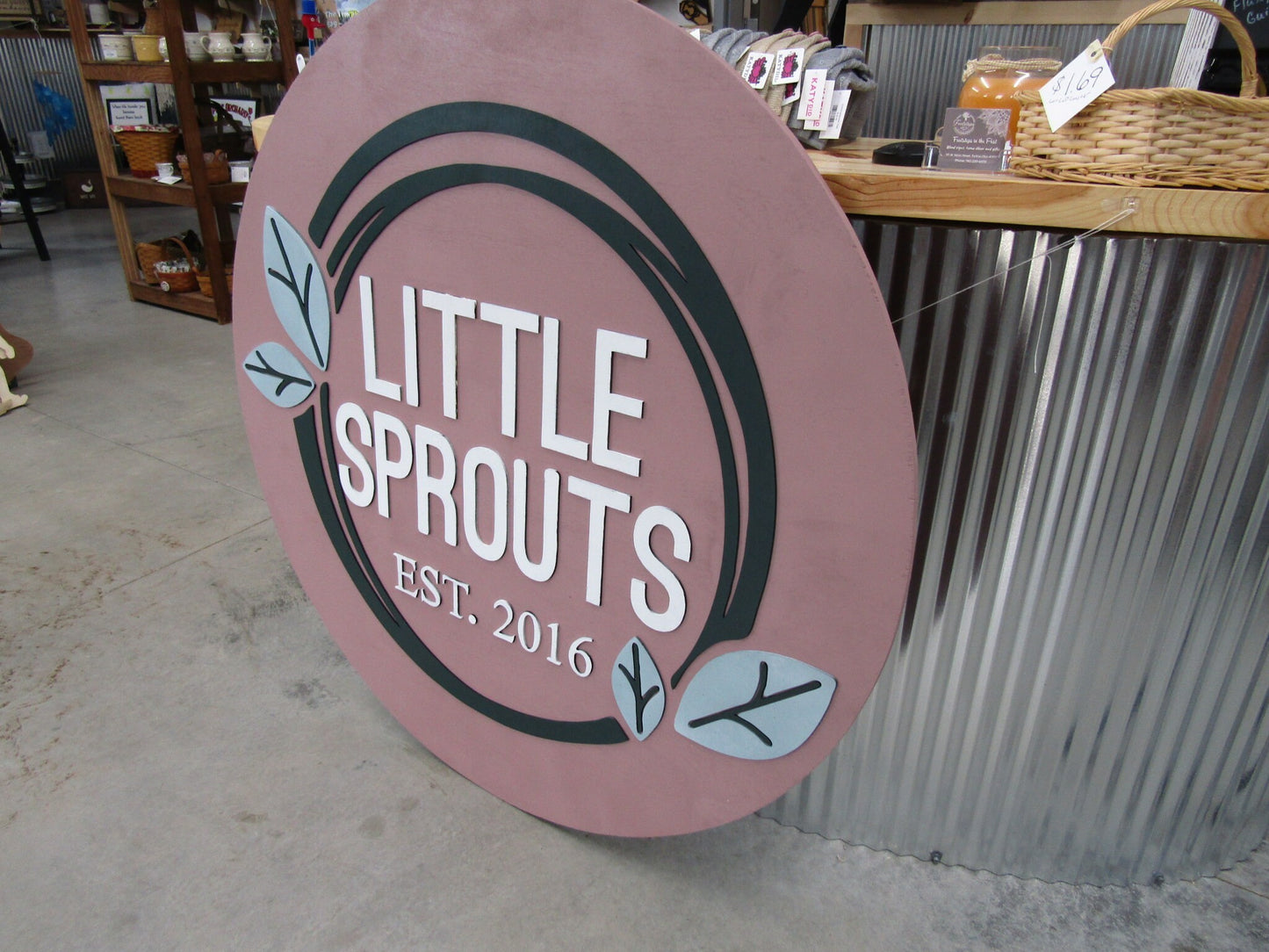 Custom Wooden Sign Sprouts Plants Leaves Grow Childcare Nursery Little Round Business Commerical Signage Made to Order Logo Circle Handmade
