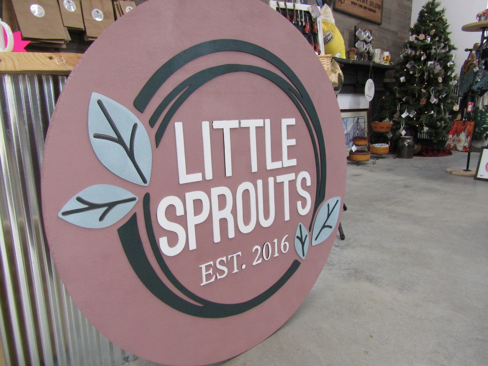 Custom Wooden Sign Sprouts Plants Leaves Grow Childcare Nursery Little Round Business Commerical Signage Made to Order Logo Circle Handmade