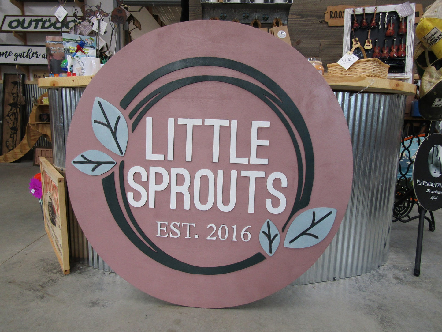 Custom Wooden Sign Sprouts Plants Leaves Grow Childcare Nursery Little Round Business Commerical Signage Made to Order Logo Circle Handmade