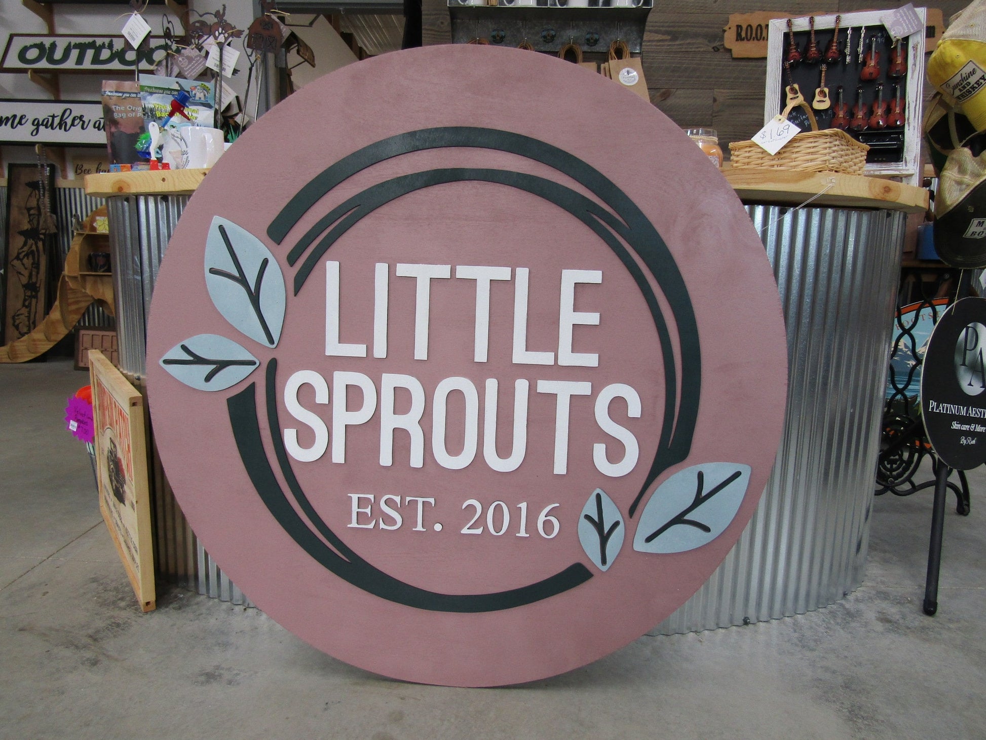 Custom Wooden Sign Sprouts Plants Leaves Grow Childcare Nursery Little Round Business Commerical Signage Made to Order Logo Circle Handmade