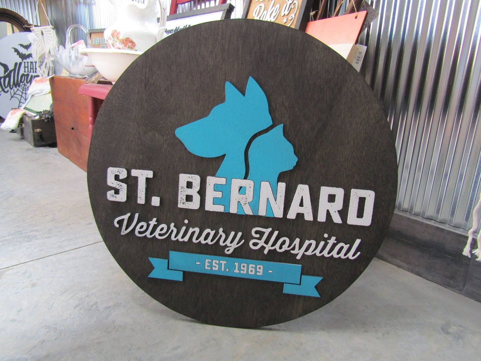 Custom Wooden Sign Round St Benard Veterinary Clinic Animal Hospital Vet Personalized Commerical Signage Raised Letters Your Logo Handmade