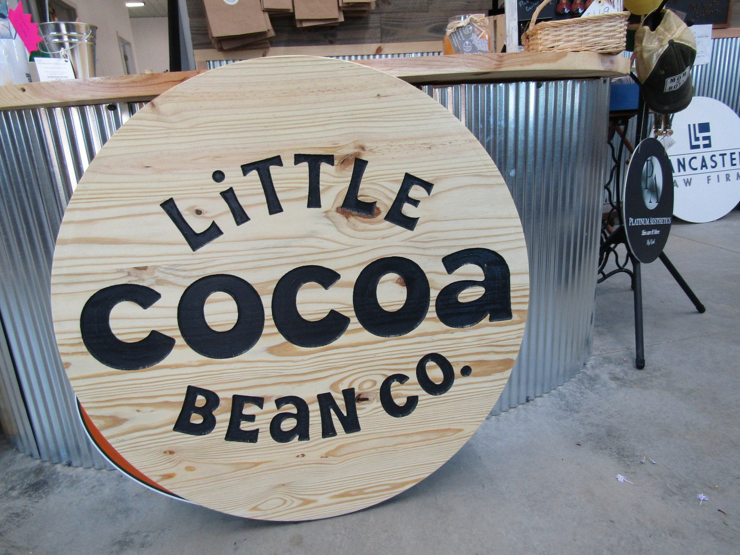 Custom Wood Carved Engraved Color Filled Business Commerical Signage Cocoa Bean Chocolate Sweets Your Logo Pine Wood Store Front Round Sign