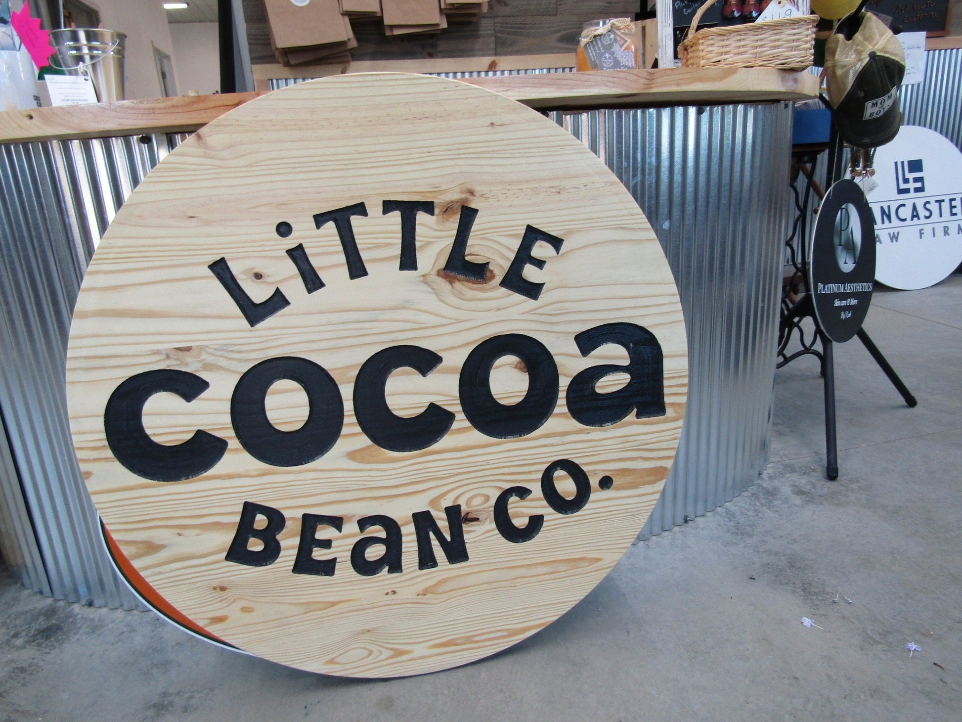 Custom Wood Carved Engraved Color Filled Business Commerical Signage Cocoa Bean Chocolate Sweets Your Logo Pine Wood Store Front Round Sign