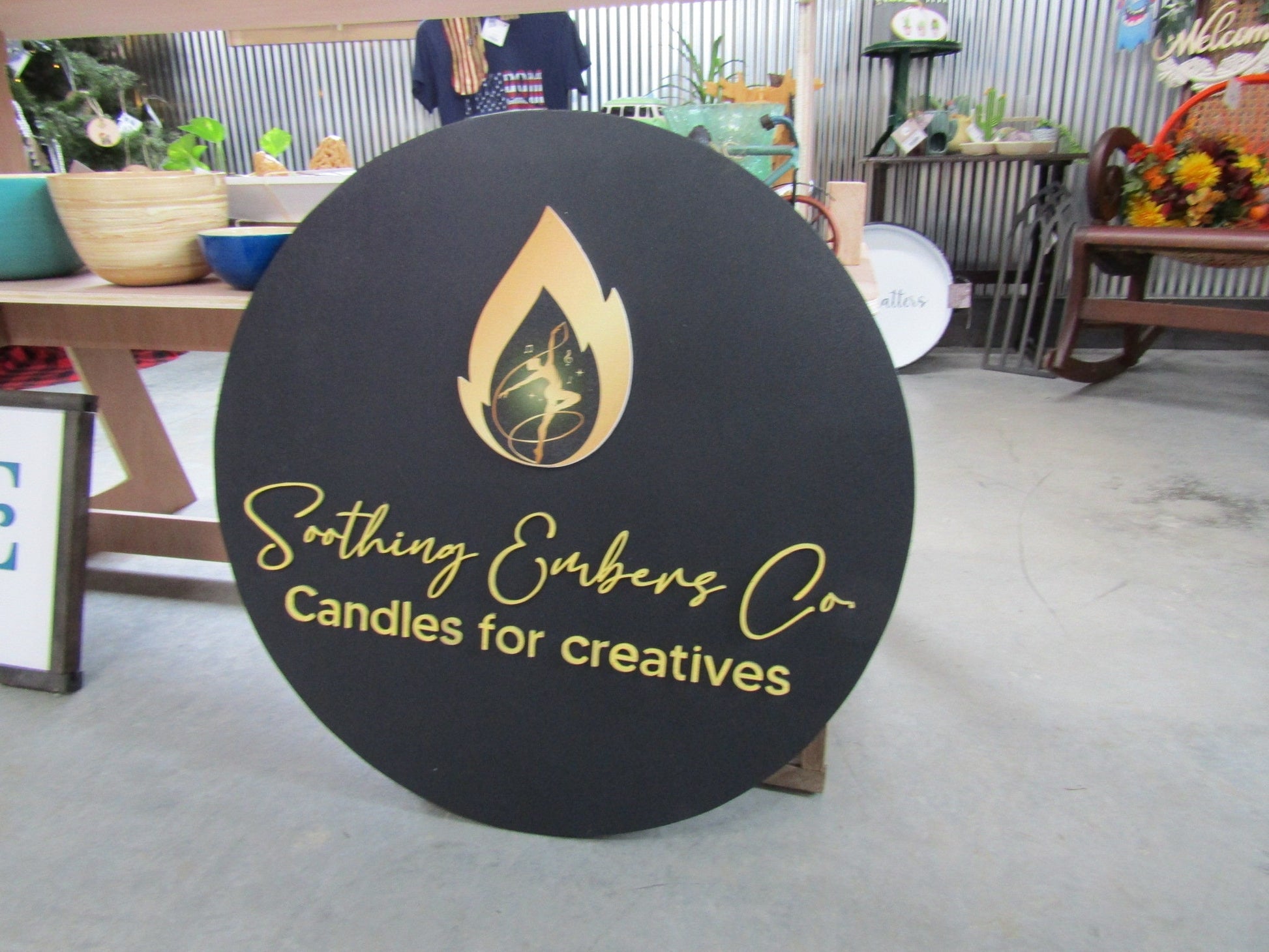Custom Sign Candle Shop and Co Signage Creatives Soothing Flame Black and Yellow Personalized Sign Round Circle Embers Uv And Raised image