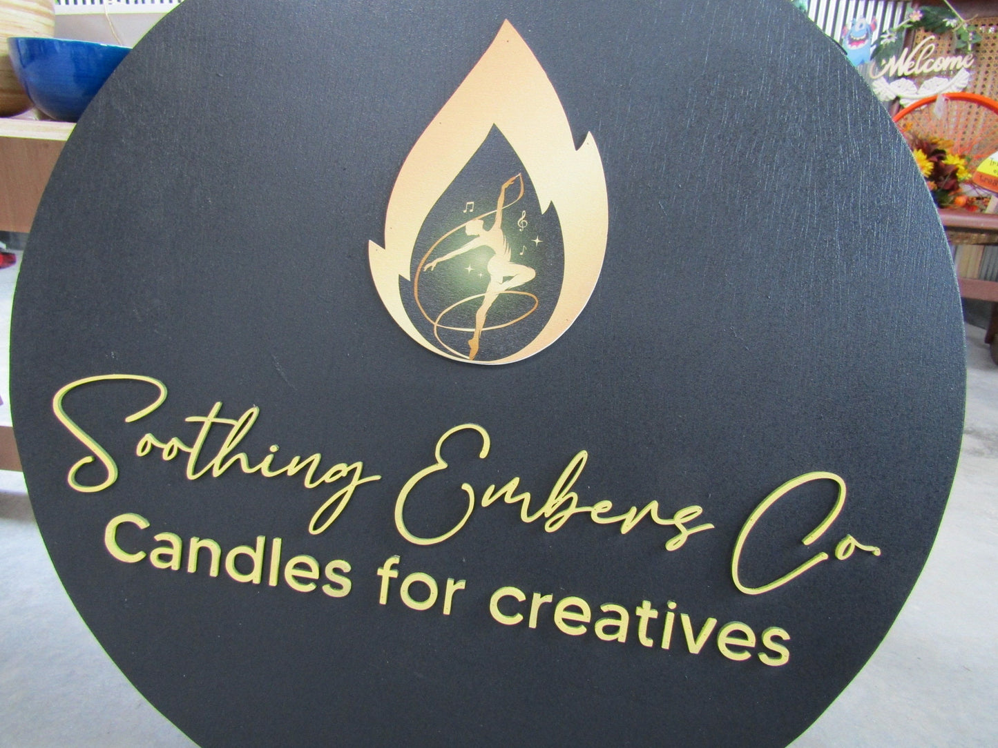 Custom Sign Candle Shop and Co Signage Creatives Soothing Flame Black and Yellow Personalized Sign Round Circle Embers Uv And Raised image