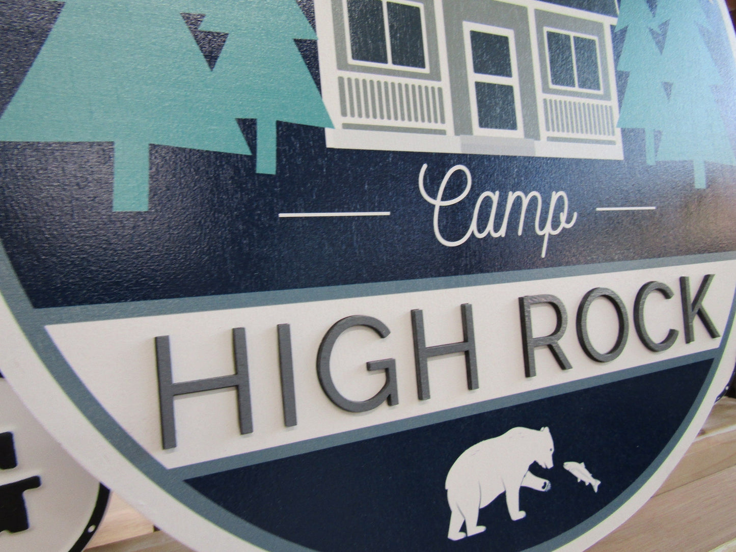 Custom Wooden Sign Commerical Signage Uv printed Logo 3D Letters Color Personalized Round Campground Mountains Cabin Woods Forest Bear Fish