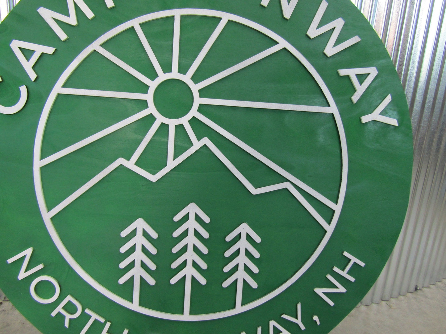 Custom Wooden Sign Camp Campground Your Logo And Image In Color Green Minimalist Style Mountains Fresh Air Round Hanging Sign Outdoors Land