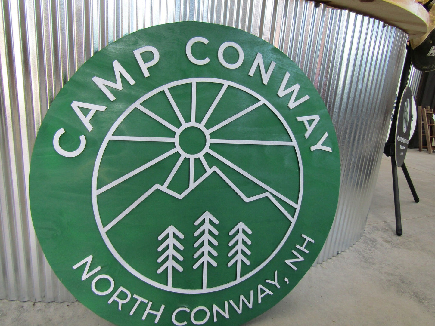 Custom Wooden Sign Camp Campground Your Logo And Image In Color Green Minimalist Style Mountains Fresh Air Round Hanging Sign Outdoors Land